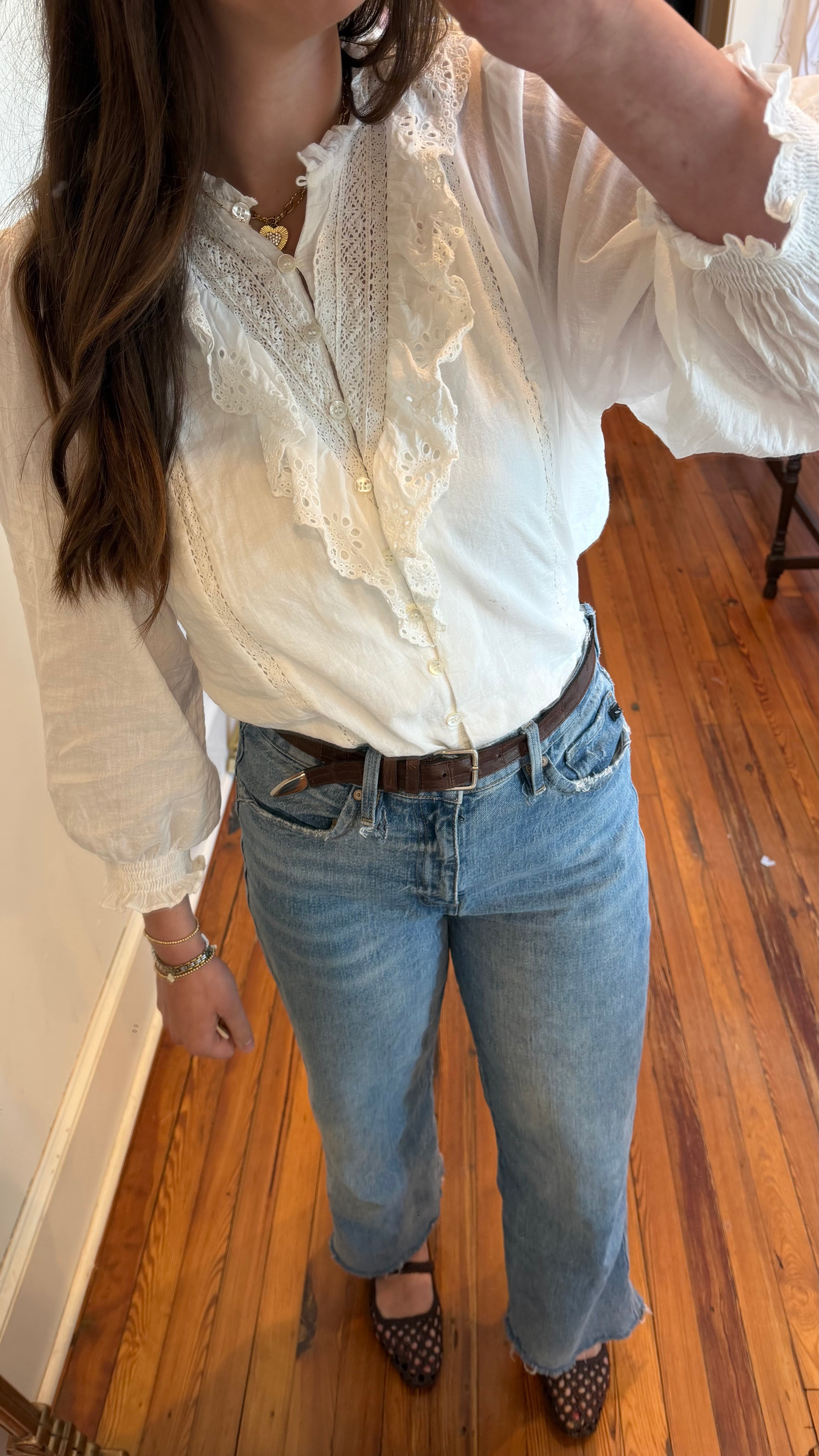 Renee Eyelet Embroidery Ruffle Lace Trim Button Down Top
