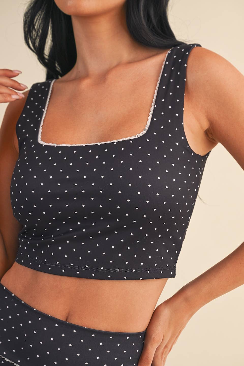 Polka Dot Print Crop Tank with Lace Trim