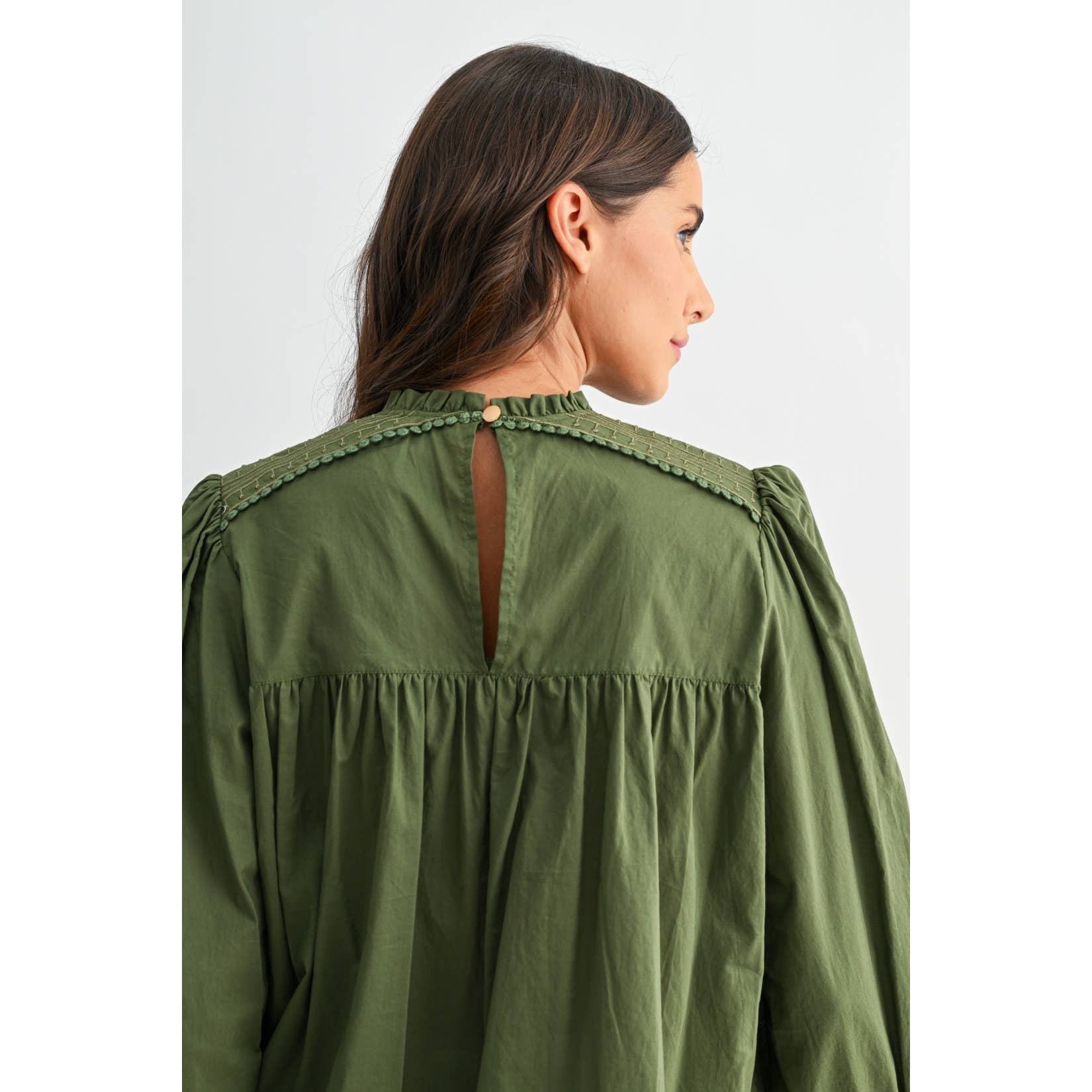 Anniston Embroidered Olive Puff Sleeve Blouse