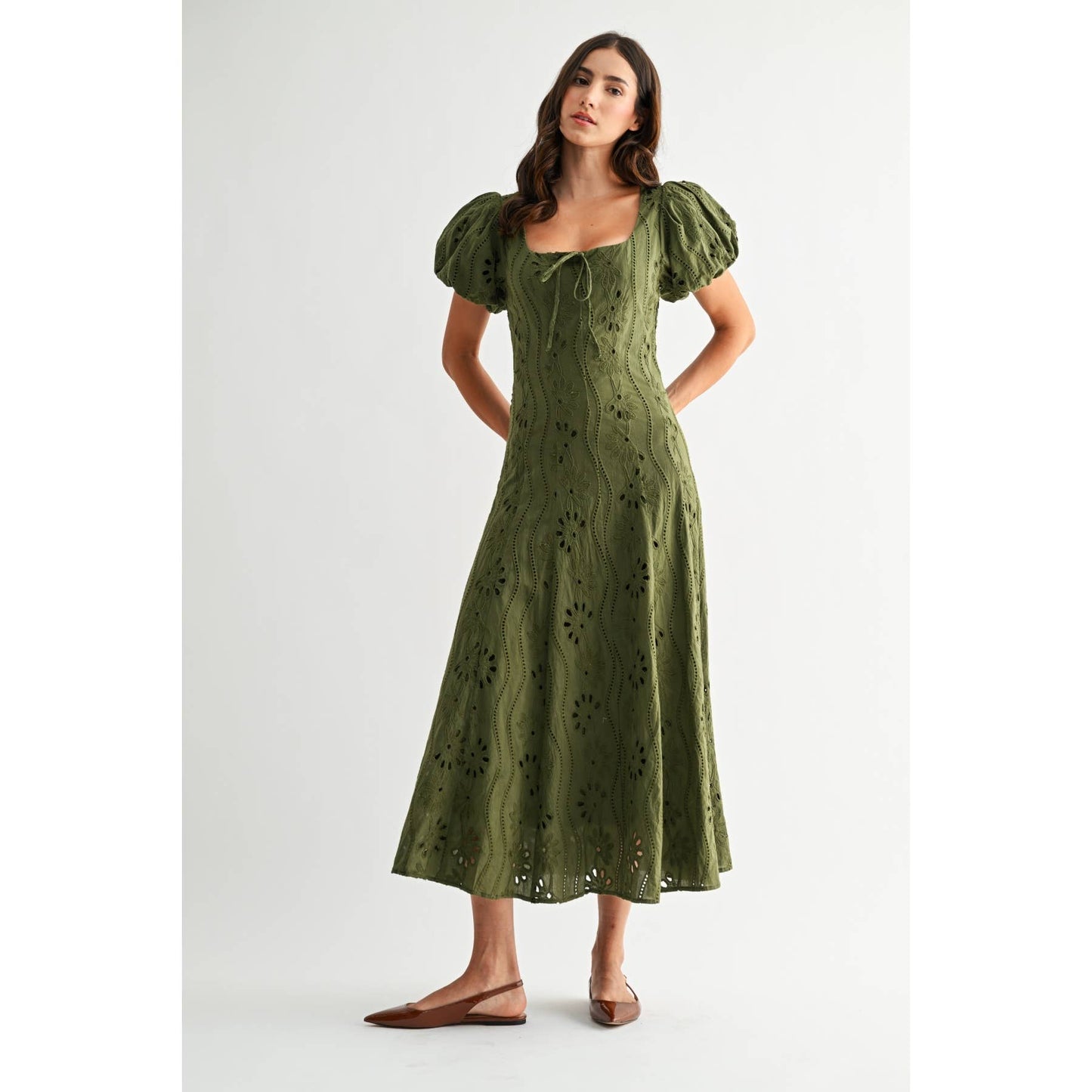 Willow Olive Green Puff Sleeve Embroidered Midi Dress
