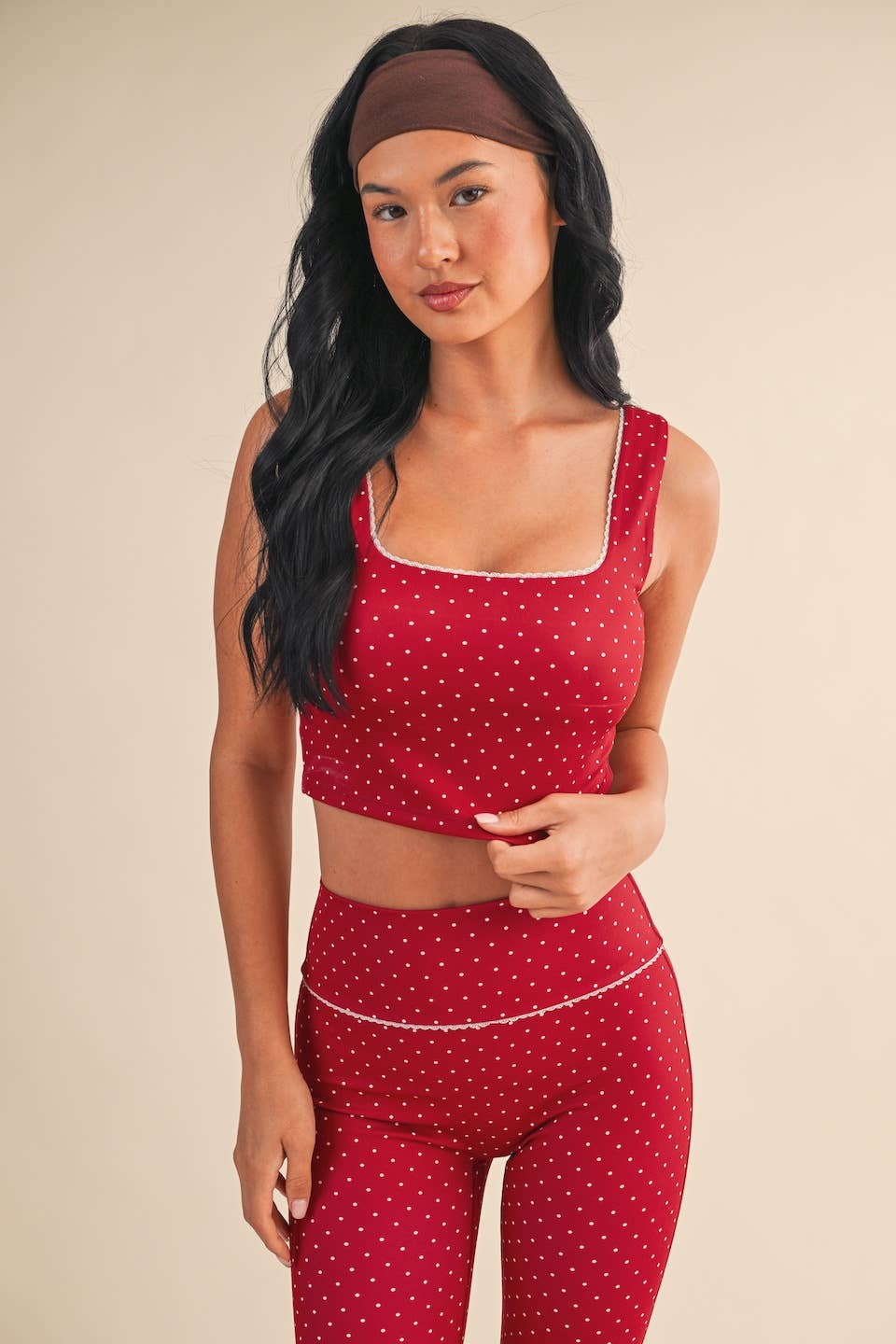 Polka Dot Print Crop Tank with Lace Trim