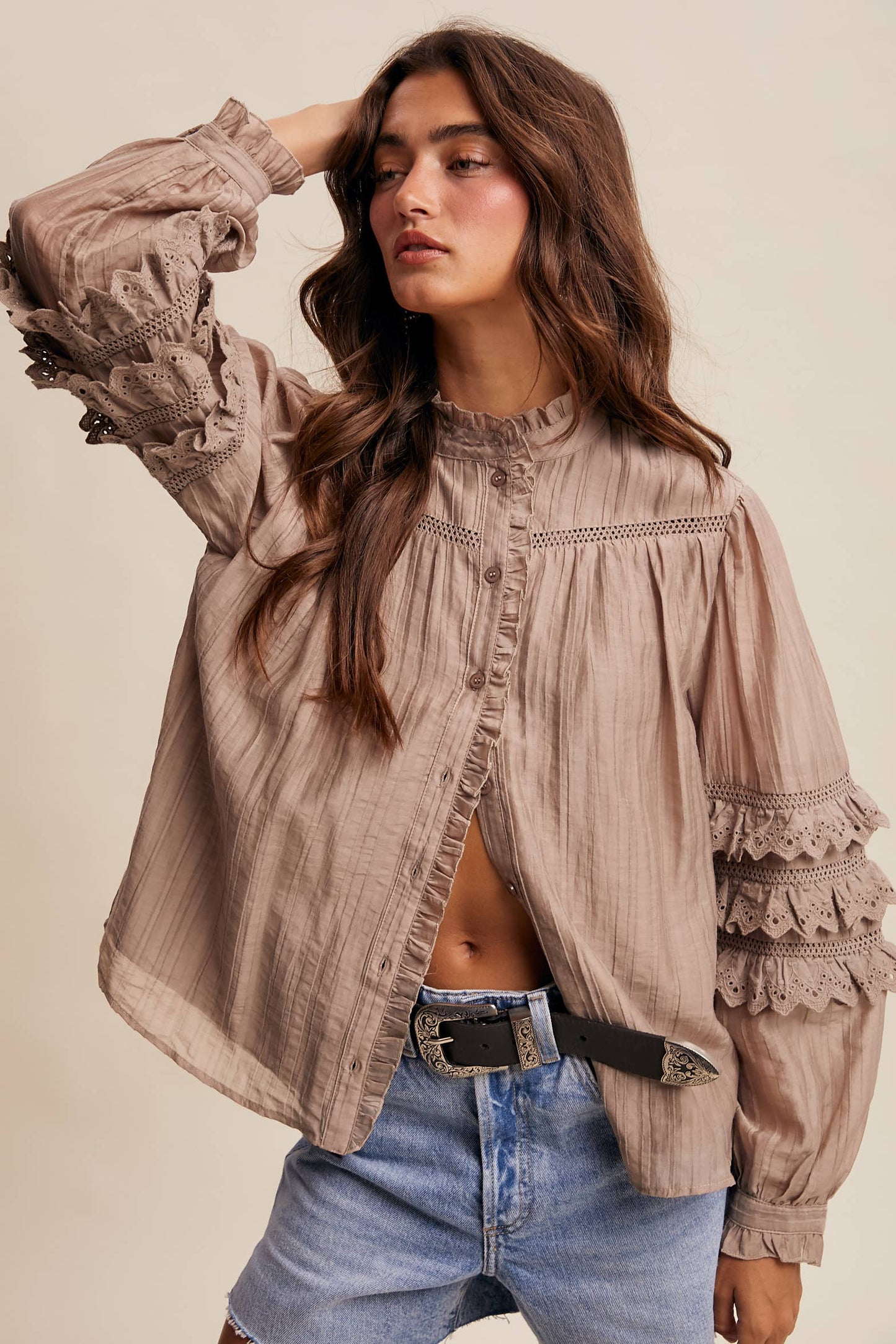 Amber Lace Ruffle Sleeve Pintuck Blouse
