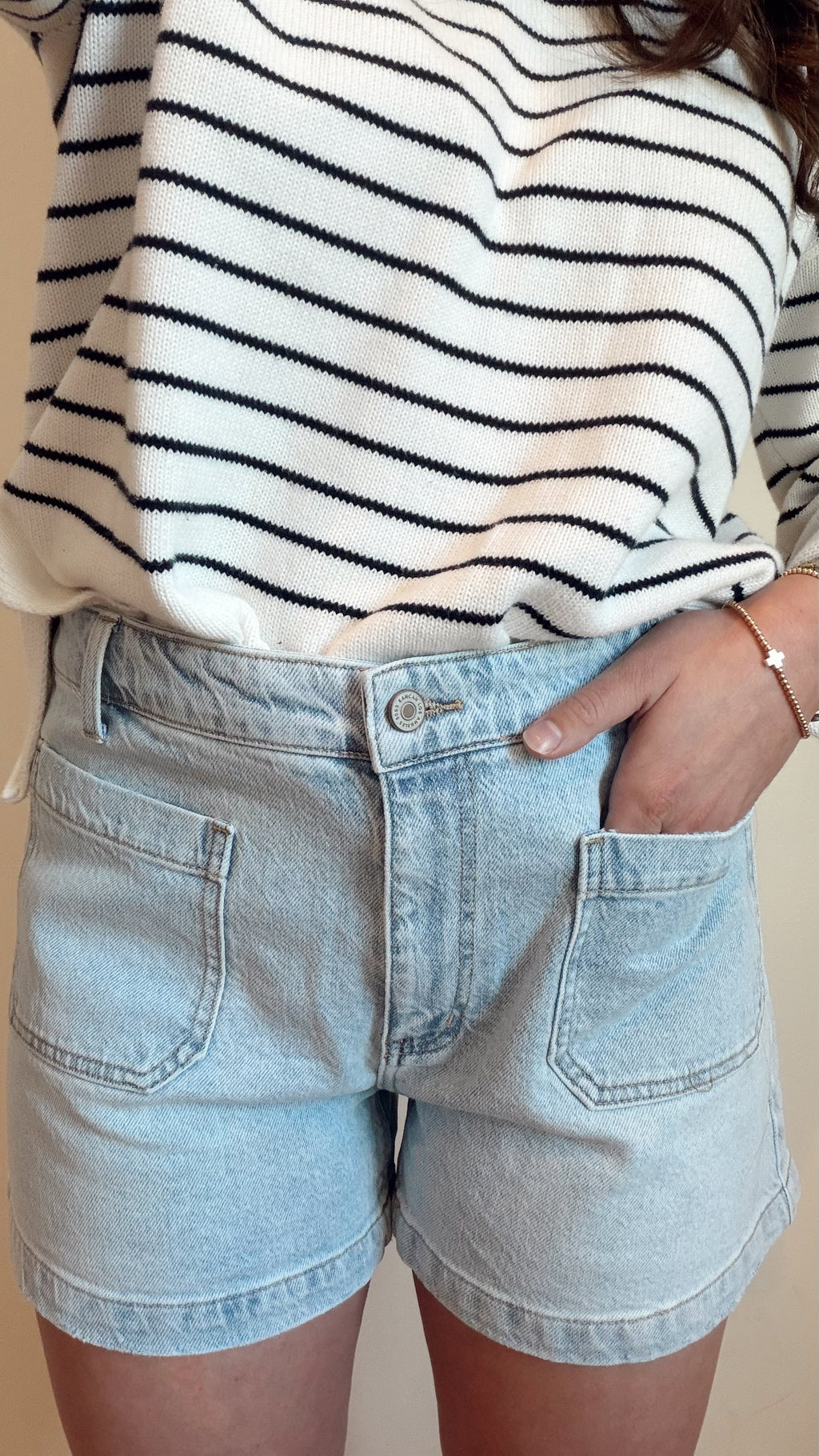 Krista Shorts- KanCanHigh Rise Front Pocket Trouser Denim Shorts- Light Wash