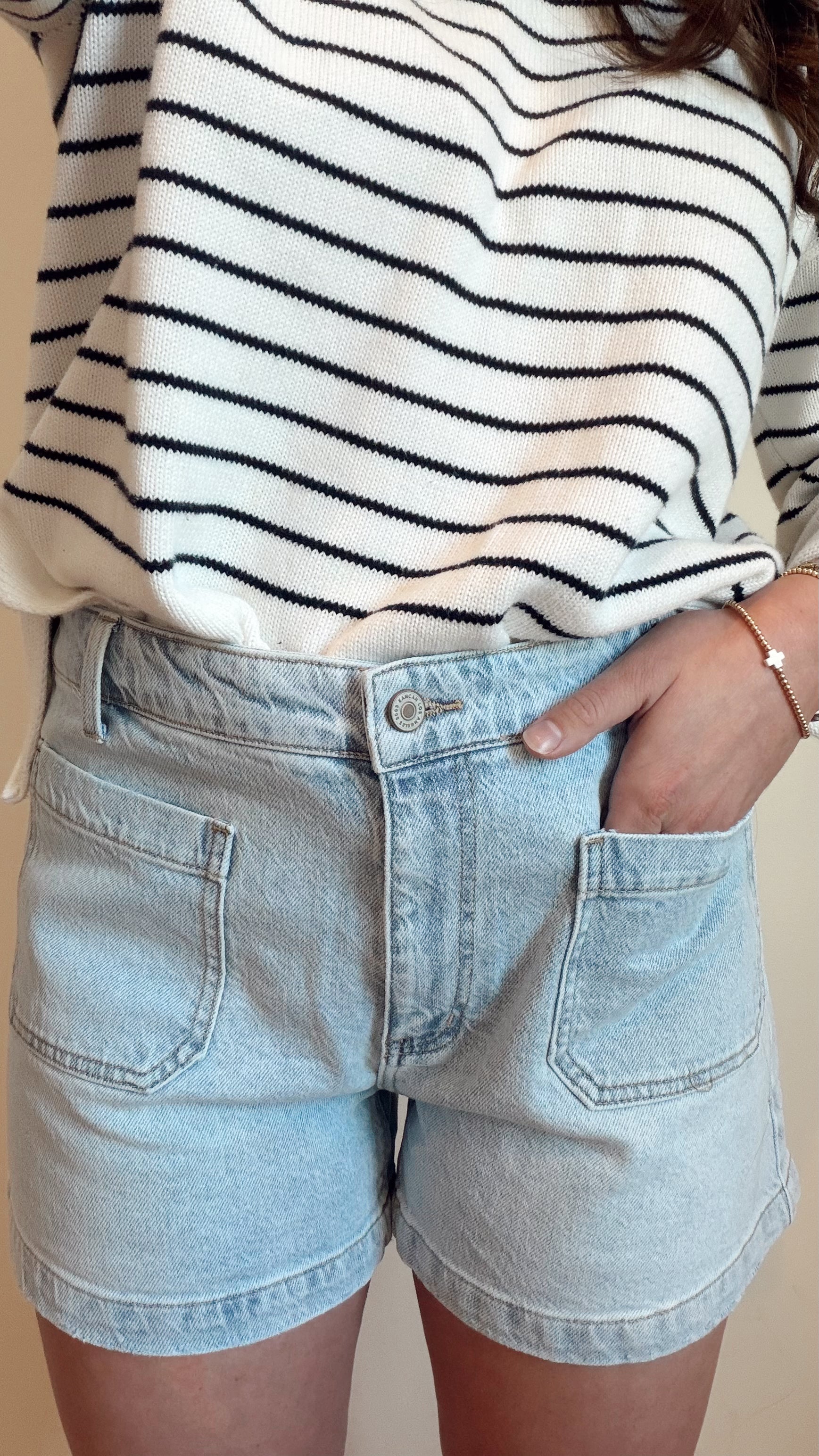 Krista Shorts- KanCanHigh Rise Front Pocket Trouser Denim Shorts- Light Wash