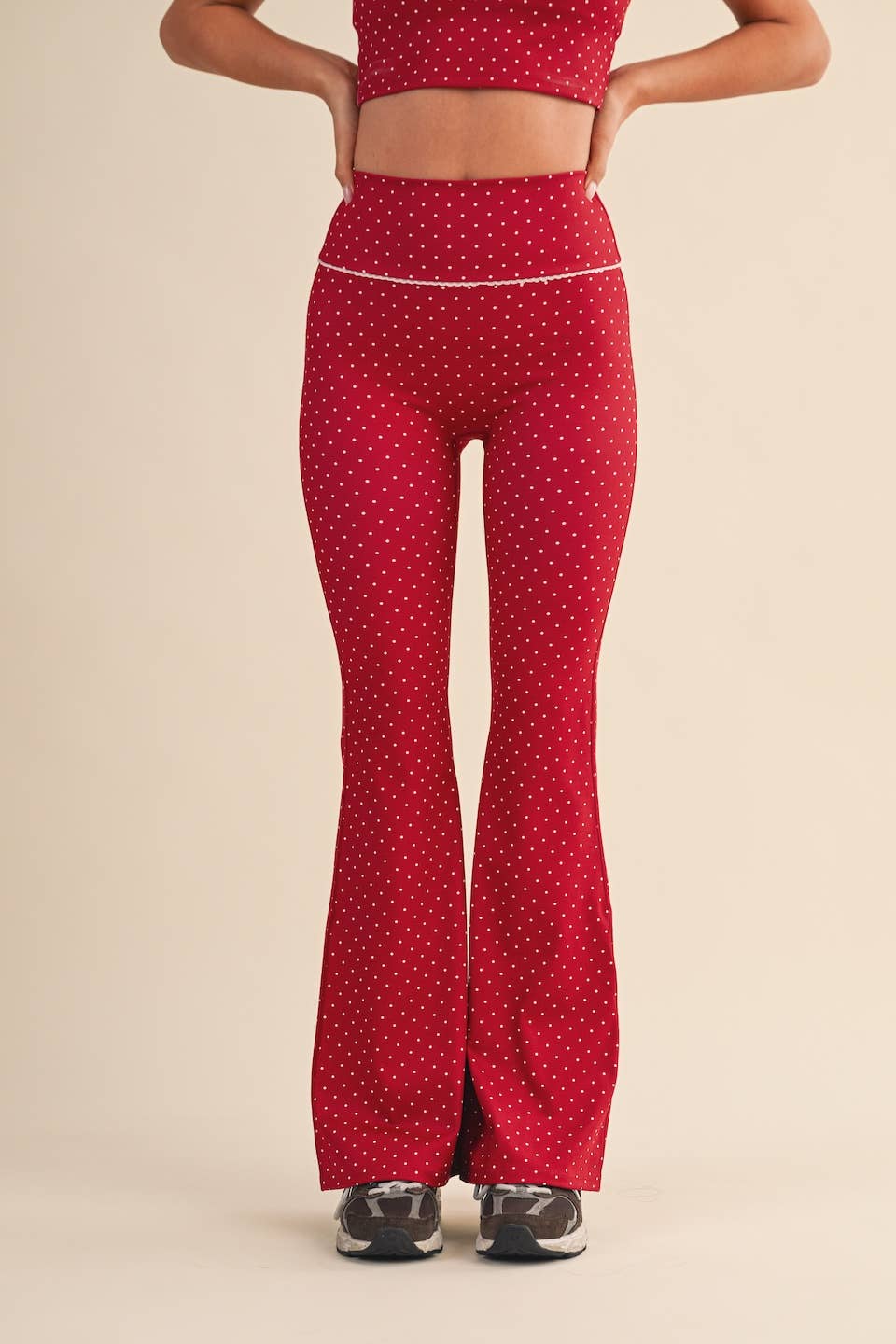 Polka Dot Print High Waist Flare Pants with Lace Trim