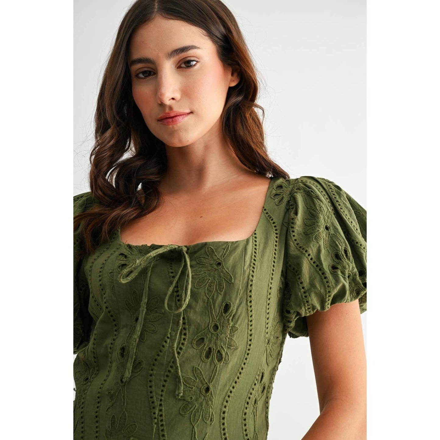 Willow Olive Green Puff Sleeve Embroidered Midi Dress