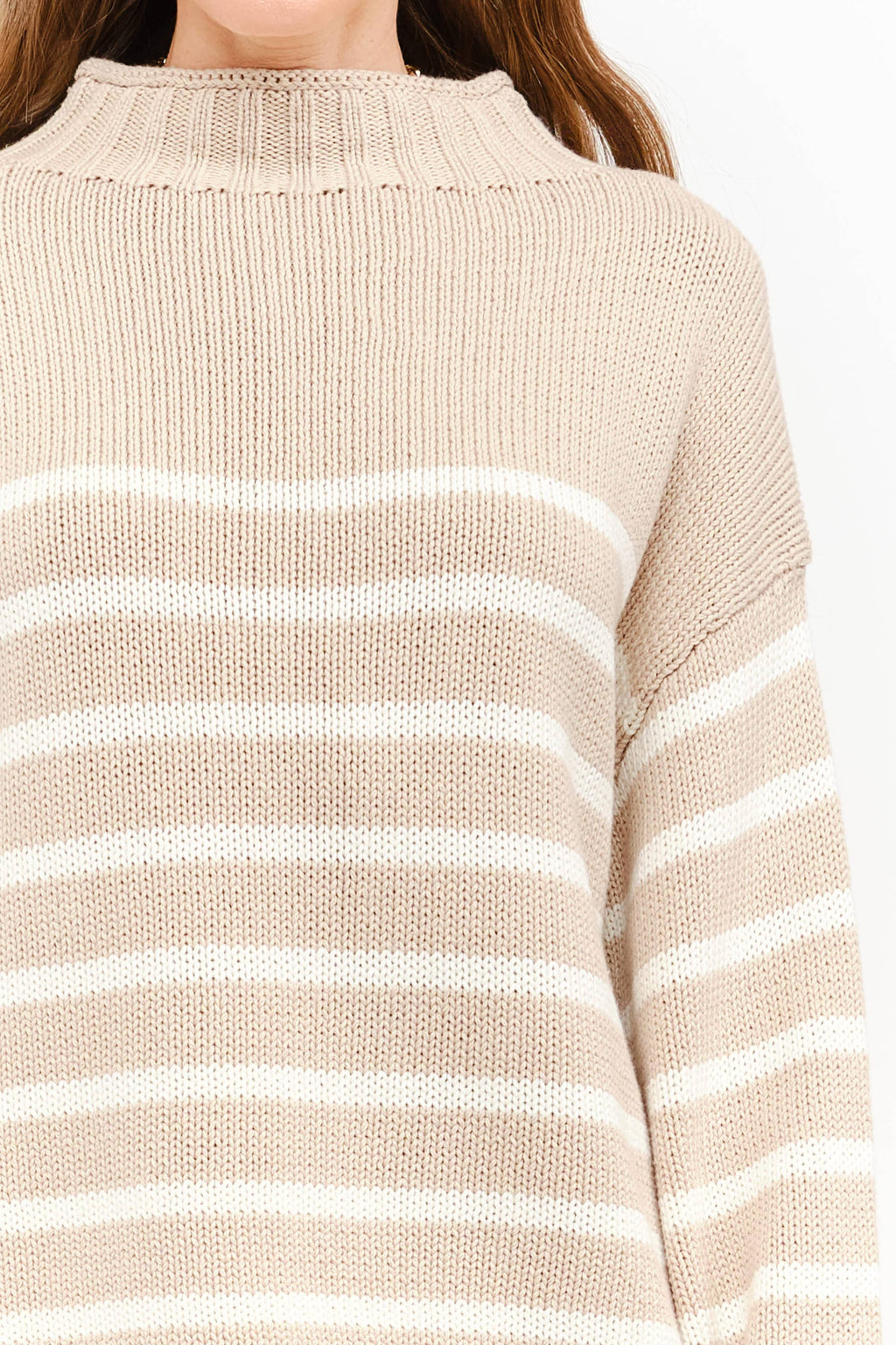 Skylar Cotton Rollneck Sweater- Tan & Cream