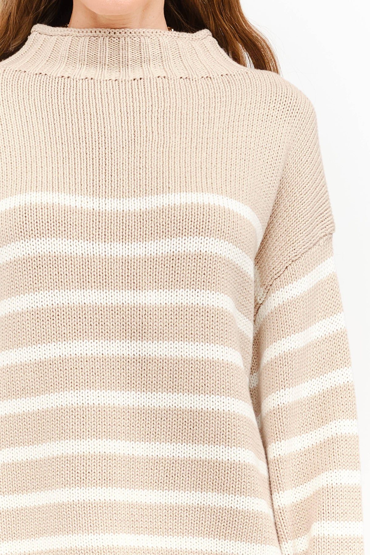 Skylar Cotton Rollneck Sweater- Tan & Cream