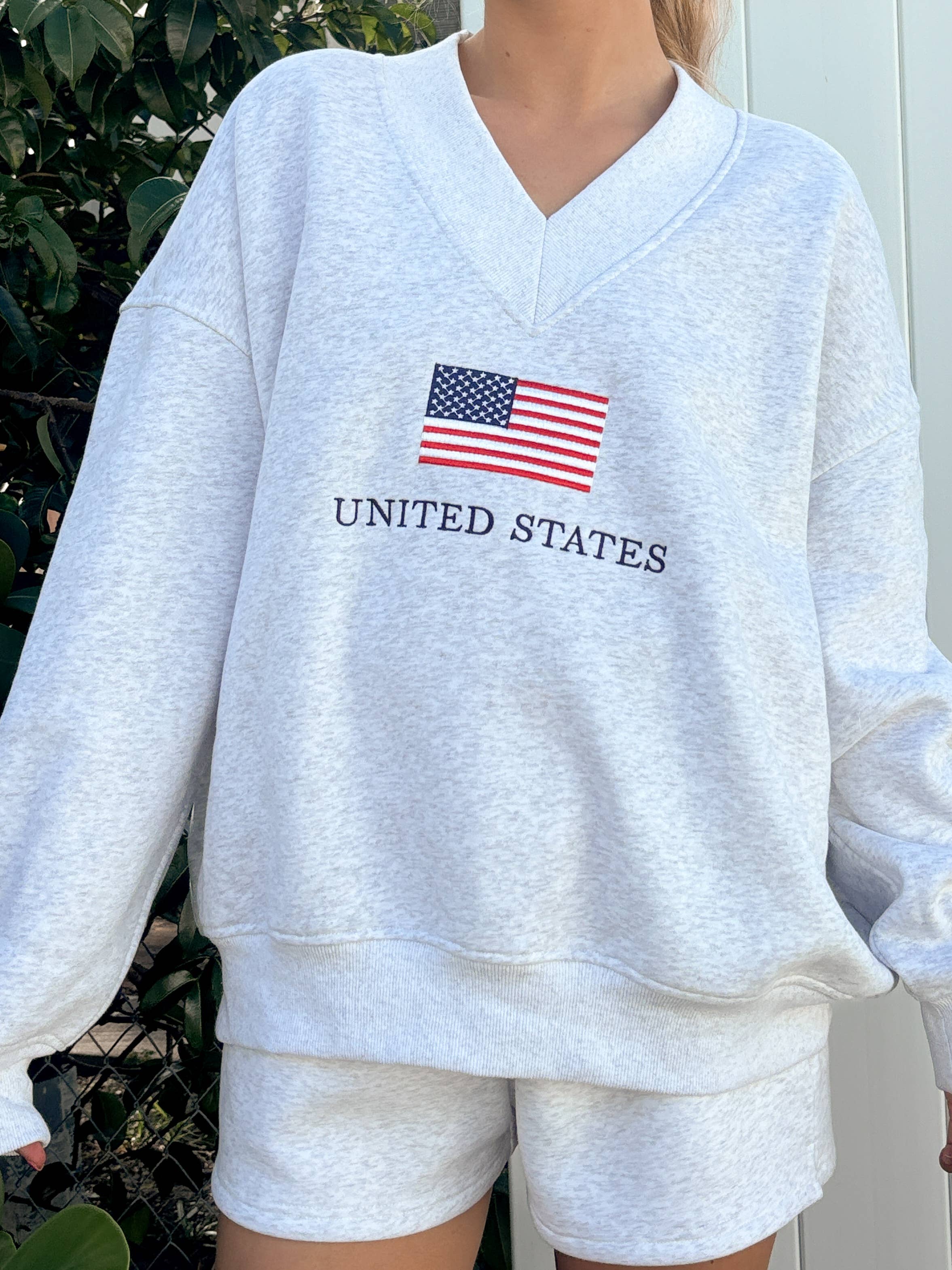 Grey United States Flag Embroidered V-Neck Sweatshirt