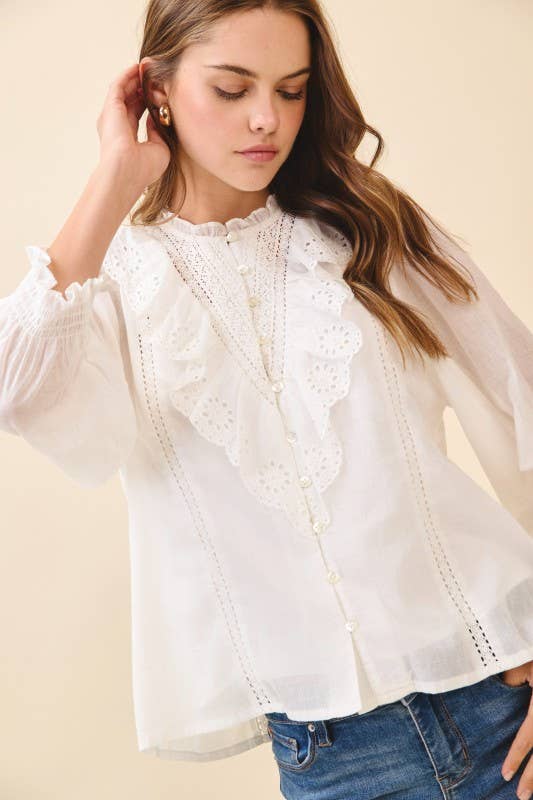 Renee Eyelet Embroidery Ruffle Lace Trim Button Down Top