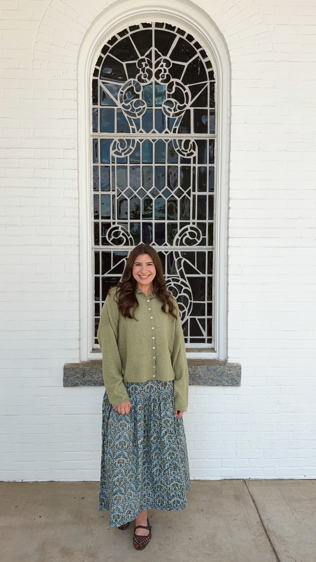 Olive Drop Waist Skirt - Floral Block Print