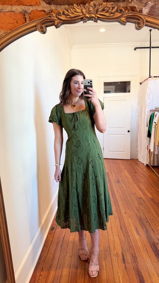 Willow Olive Green Puff Sleeve Embroidered Midi Dress
