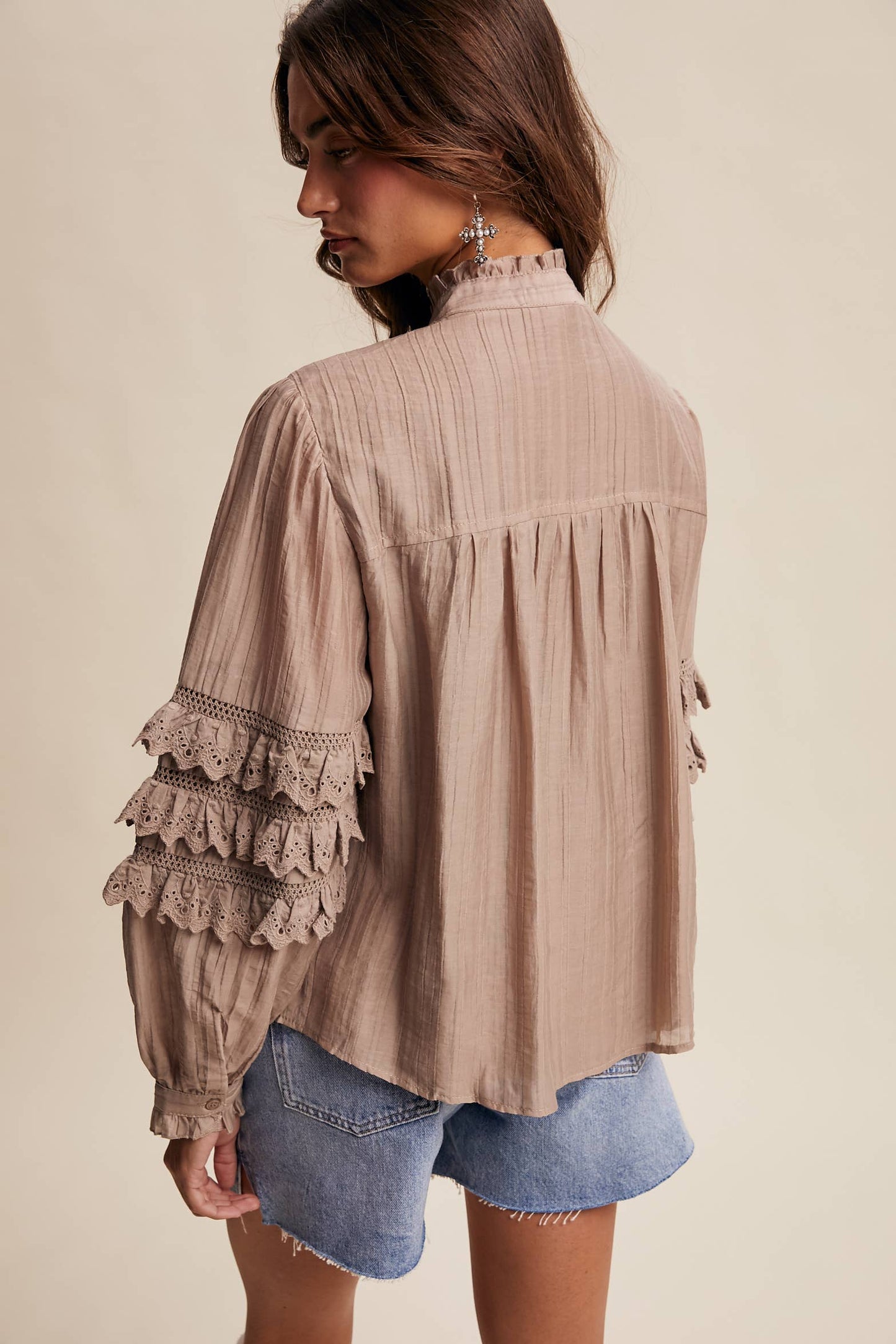 Amber Lace Ruffle Sleeve Pintuck Blouse