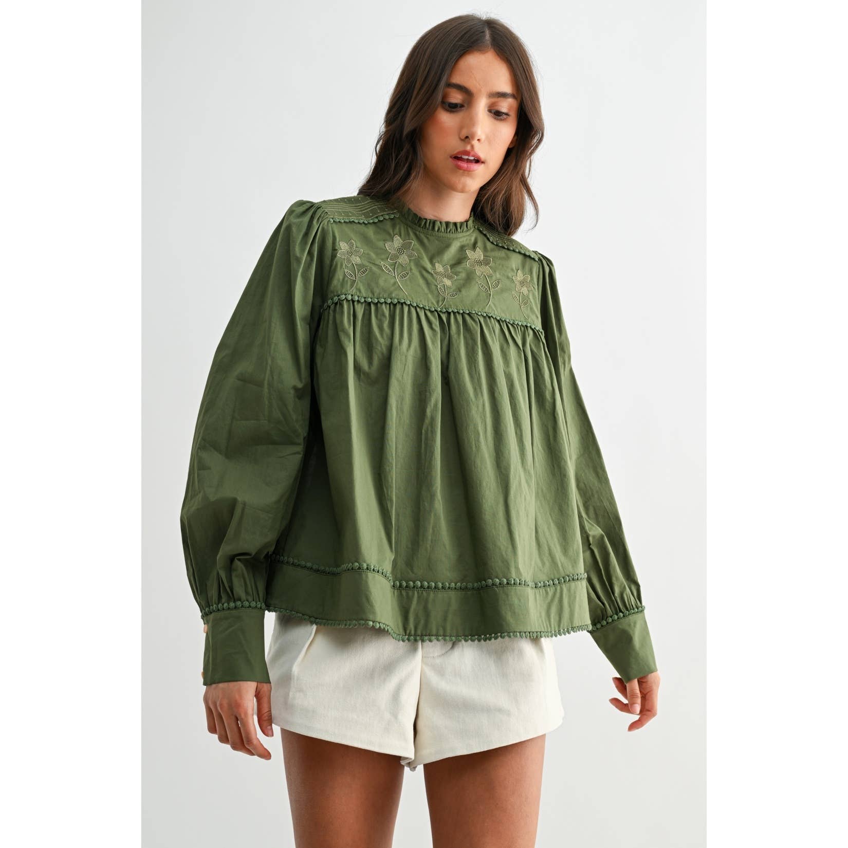 Anniston Embroidered Olive Puff Sleeve Blouse