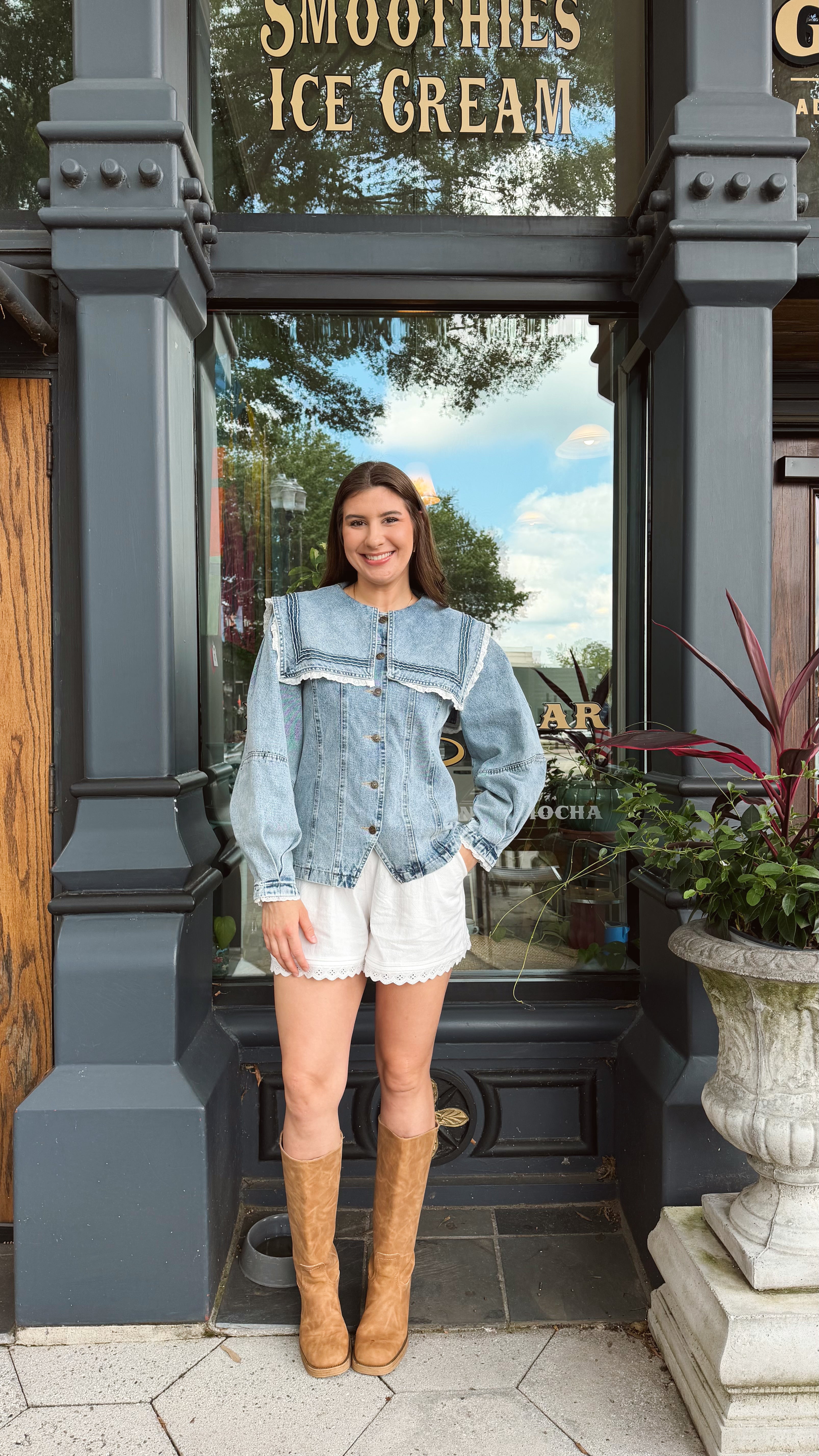 Penny Oversized Collar Lace Trim Denim Jacket