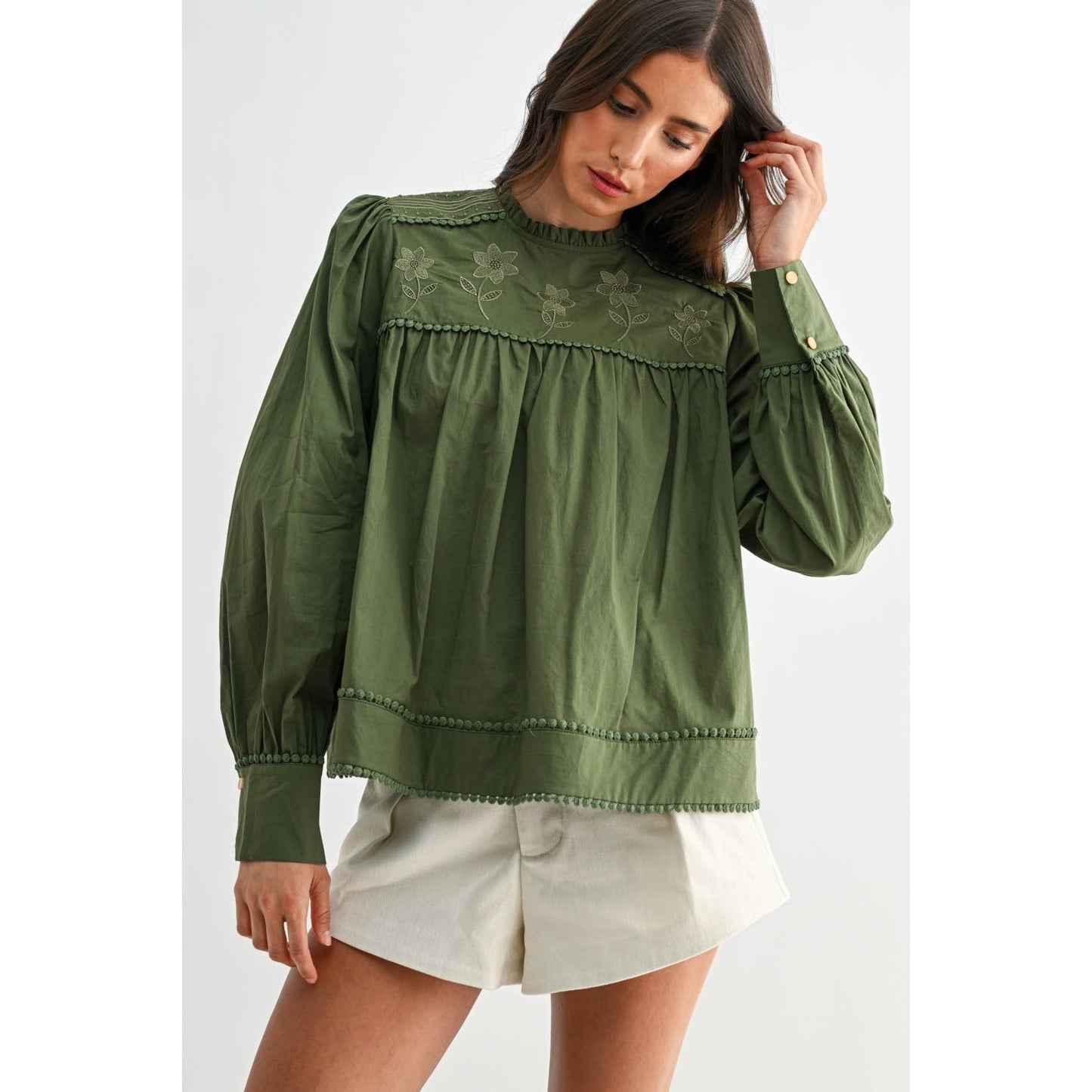 Anniston Embroidered Olive Puff Sleeve Blouse