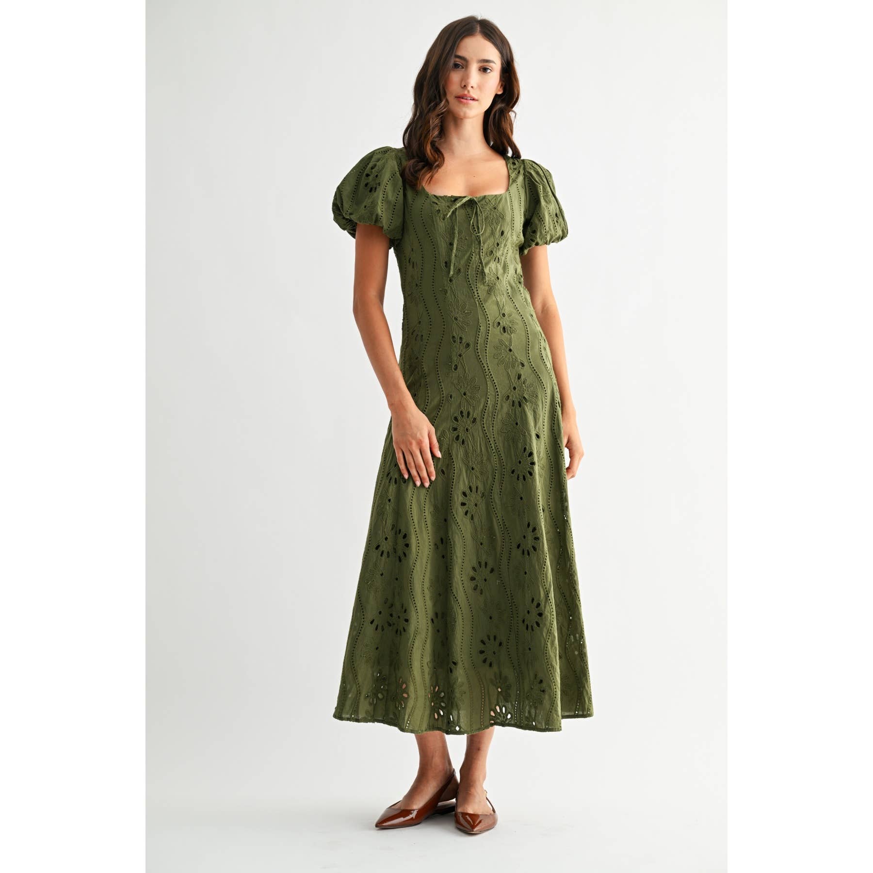 olive green puff sleeve dress Olive Green Linen Midi Dress, Puffed Sleeves & Button Front