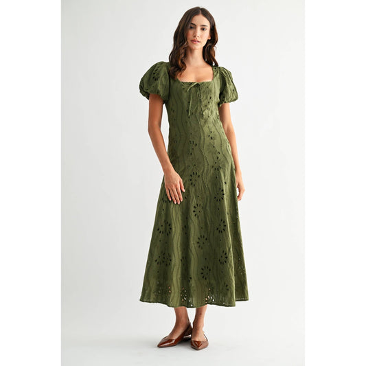 Willow Olive Green Puff Sleeve Embroidered Midi Dress