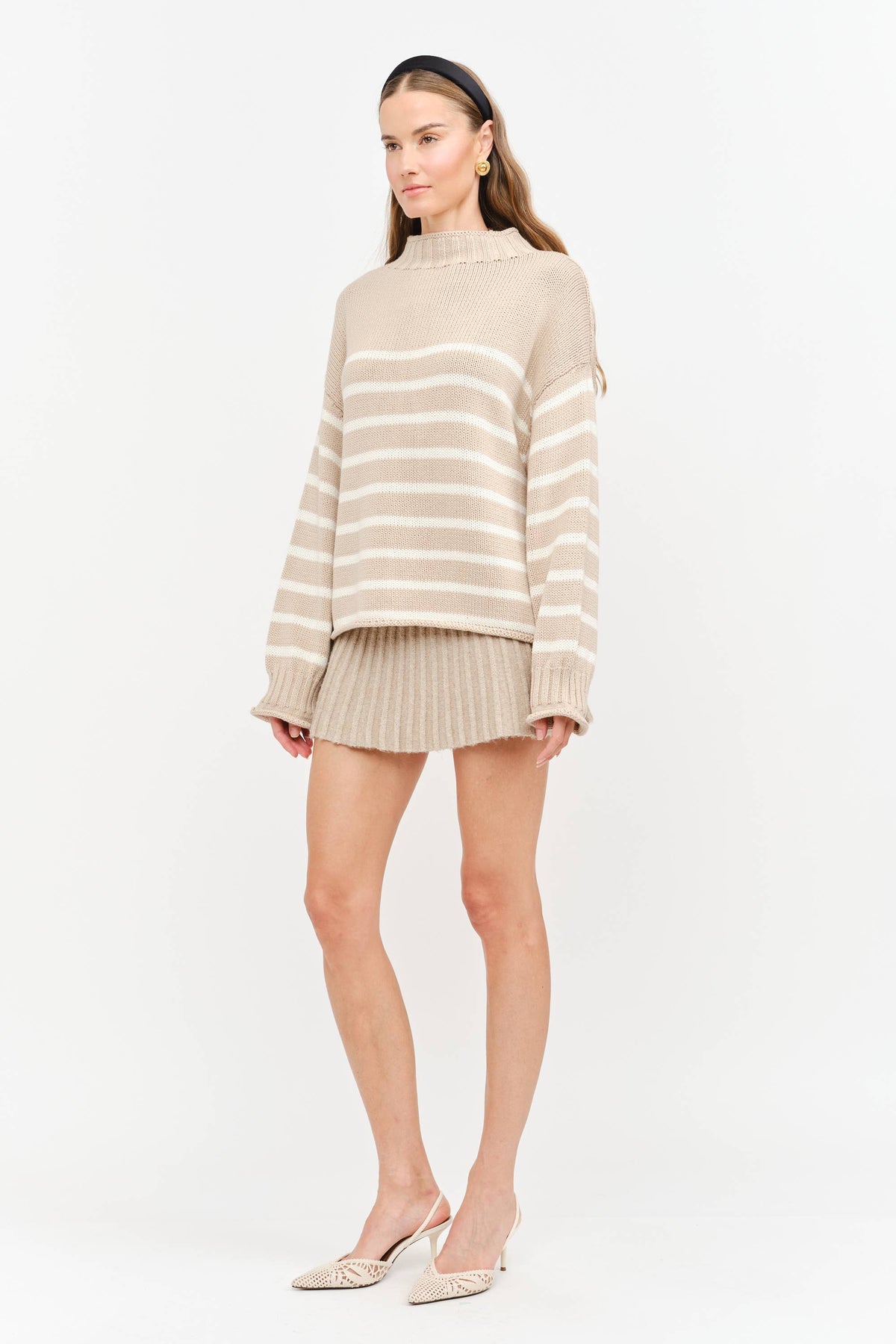 Skylar Cotton Rollneck Sweater- Tan & Cream