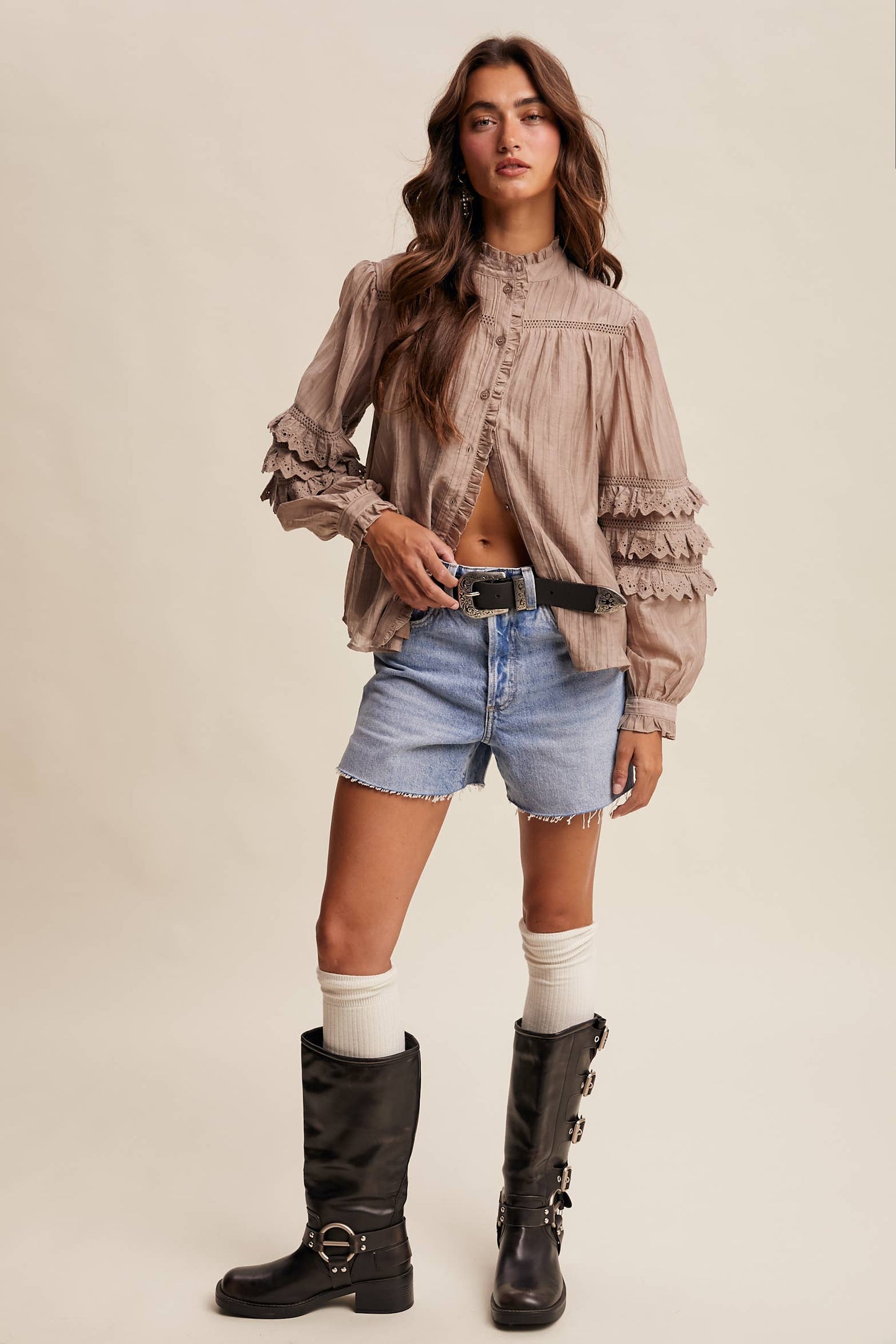 Amber Lace Ruffle Sleeve Pintuck Blouse