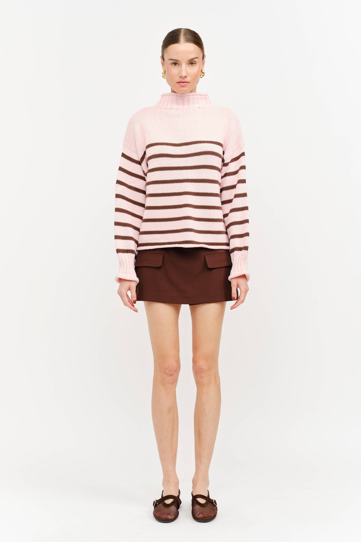 Skylar Cotton Striped Rollneck Sweater - Pink & Brown