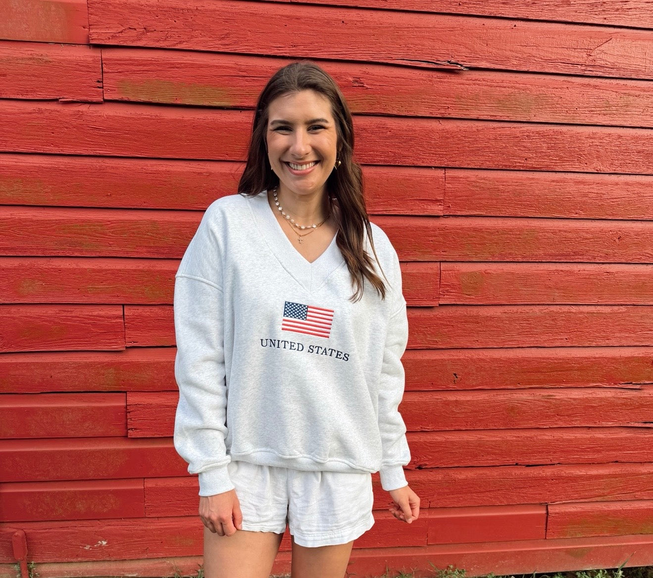 Grey United States Flag Embroidered V-Neck Sweatshirt