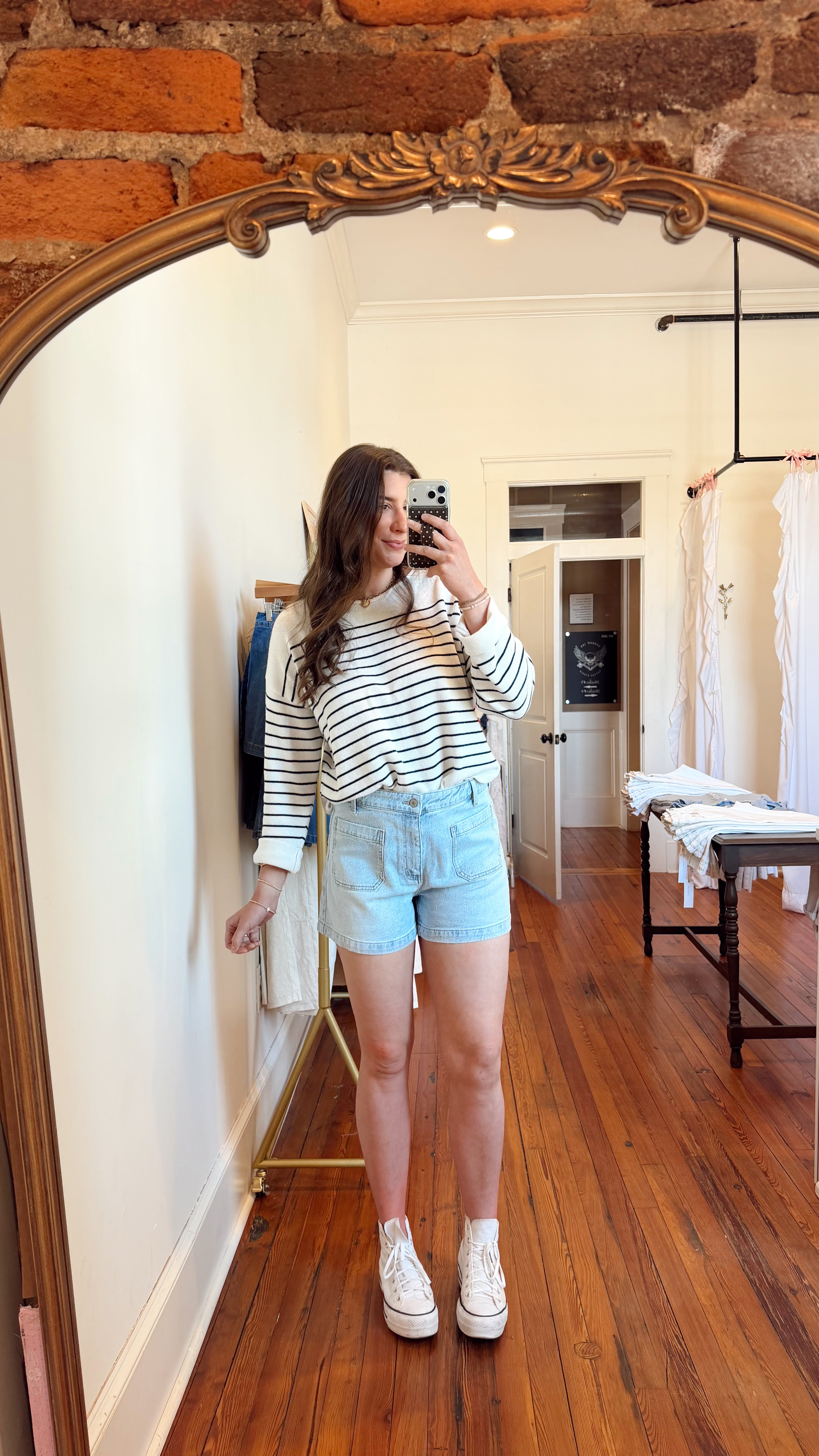 Krista Shorts- KanCanHigh Rise Front Pocket Trouser Denim Shorts- Light Wash