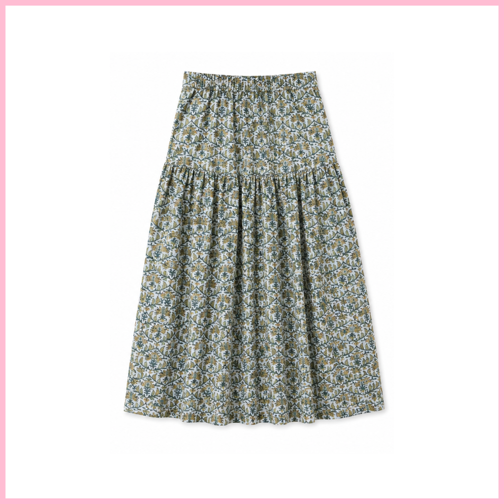Olive Drop Waist Skirt - Floral Block Print