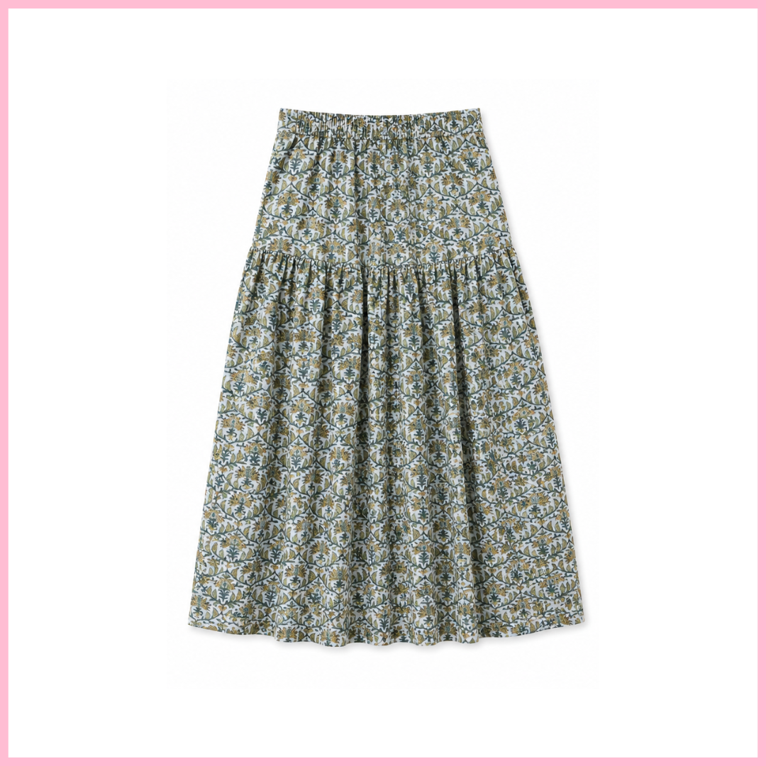 Olive Drop Waist Skirt - Floral Block Print