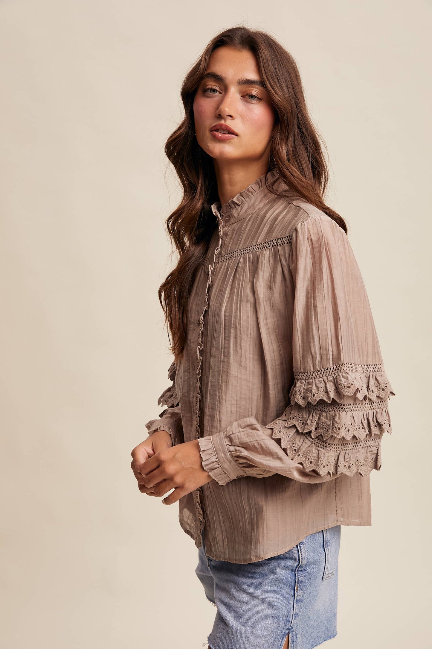 Amber Lace Ruffle Sleeve Pintuck Blouse