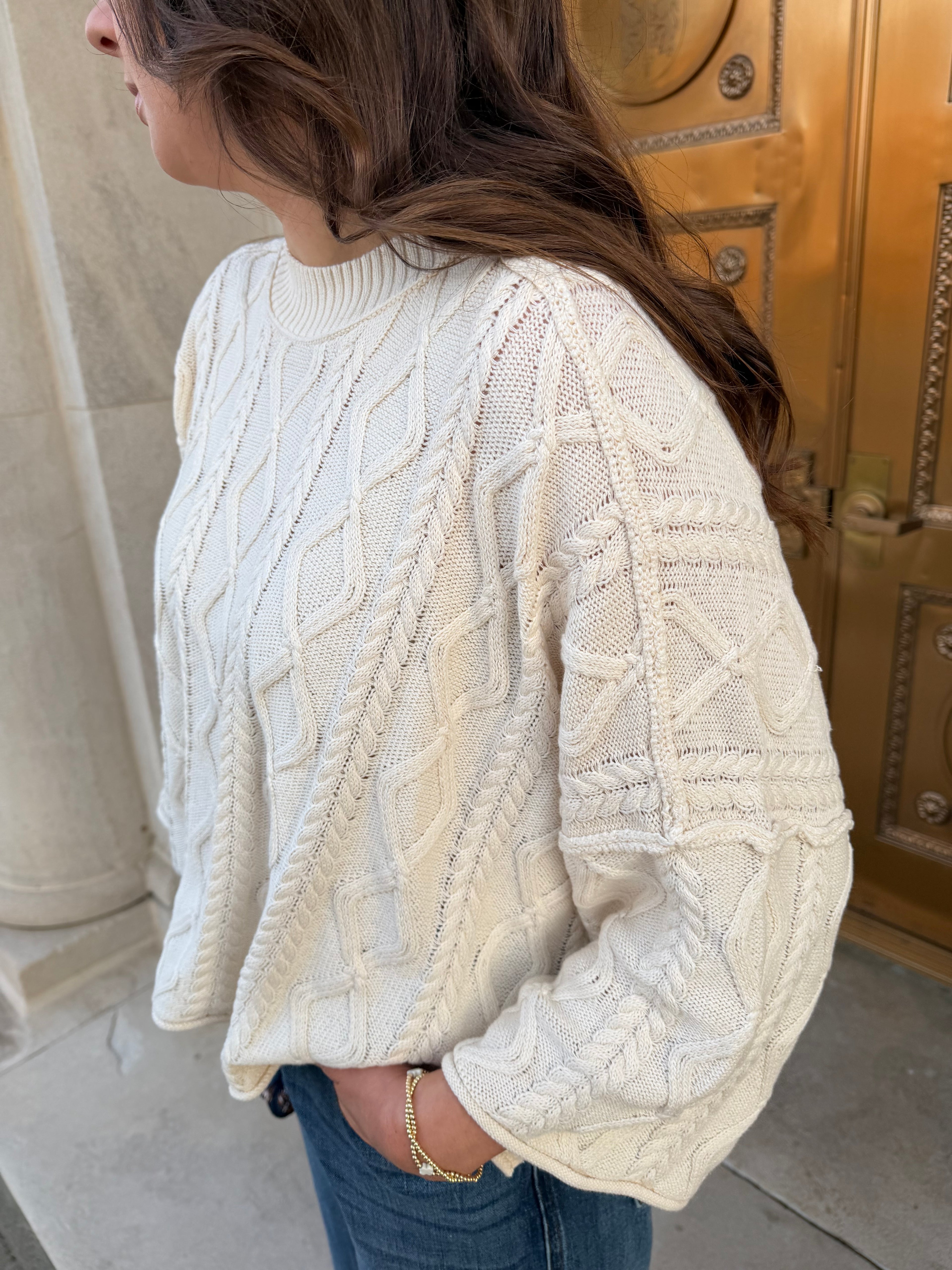 Camden Cable Knit Sweater Cotton 3/4 Sleeve Pullover