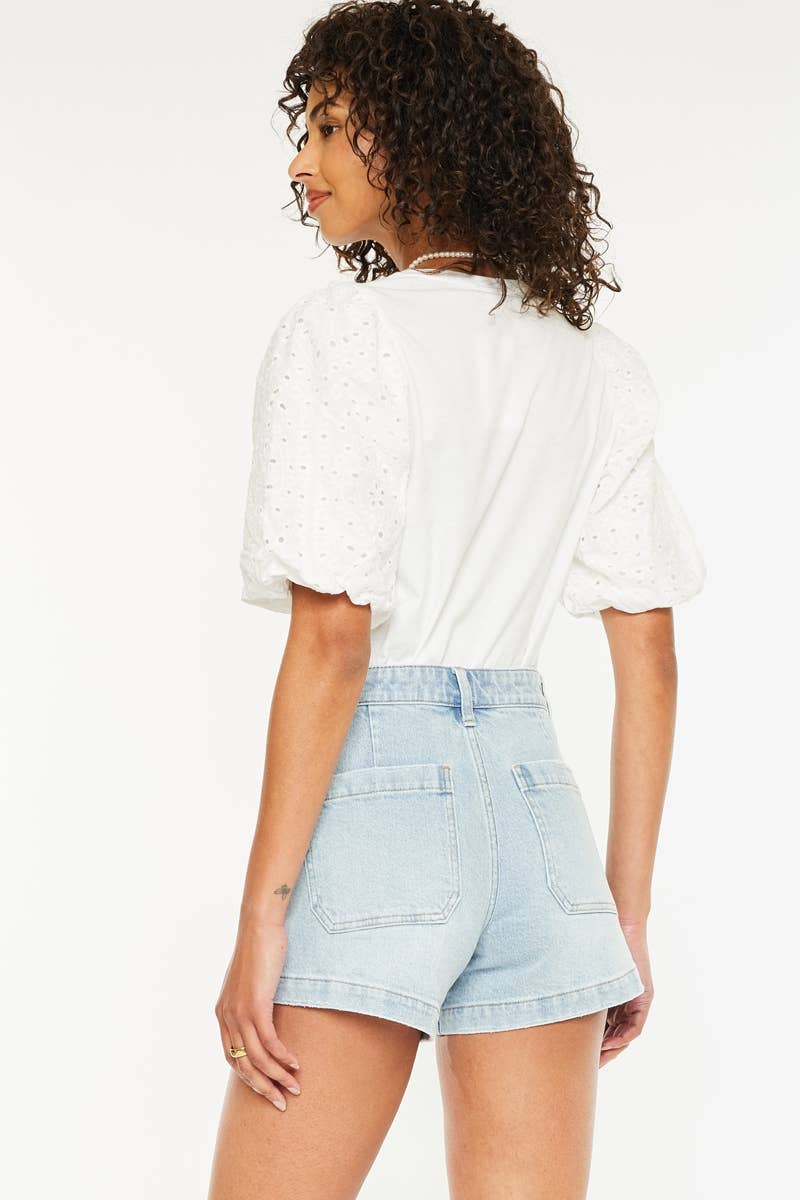 Krista Shorts- KanCanHigh Rise Front Pocket Trouser Denim Shorts- Light Wash