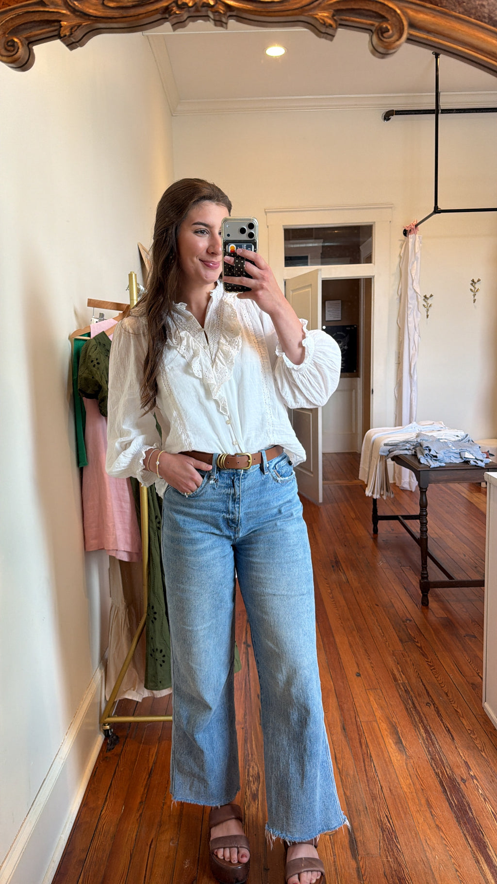 Renee Eyelet Embroidery Ruffle Lace Trim Button Down Top