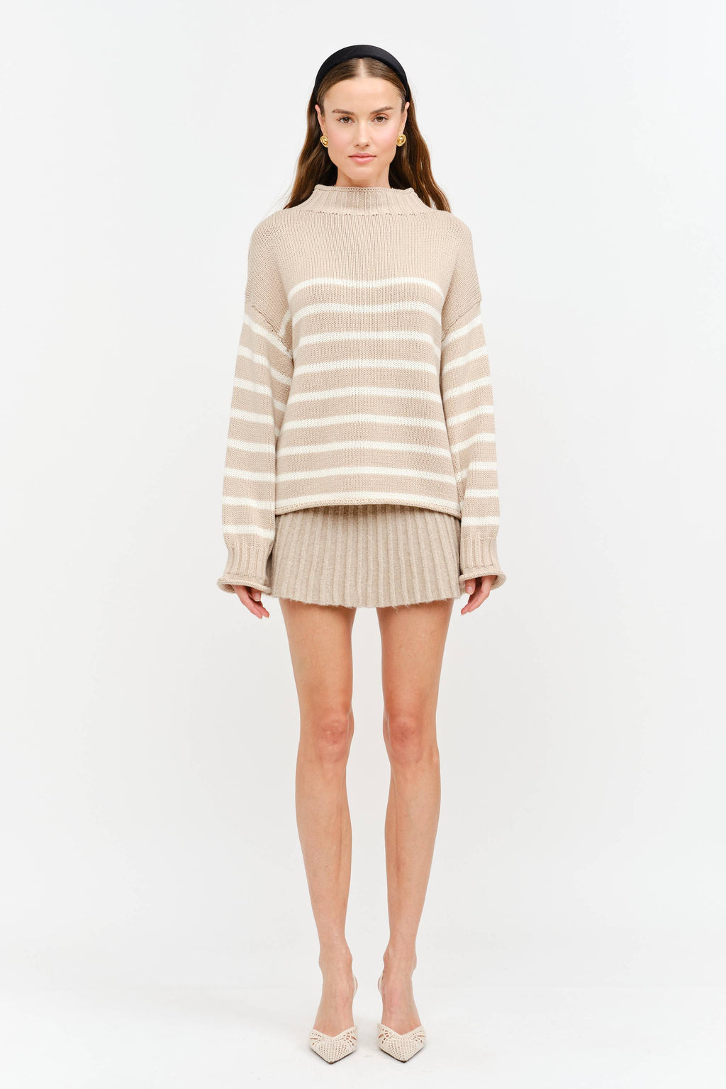 Skylar Cotton Rollneck Sweater- Tan & Cream