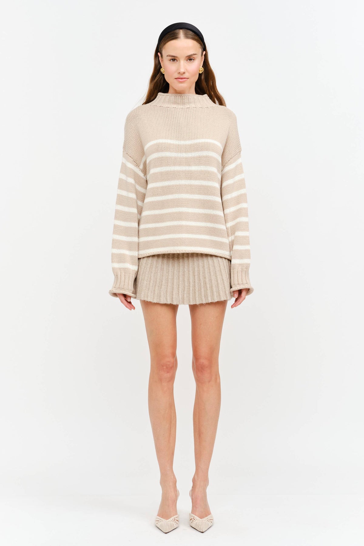 Skylar Cotton Rollneck Sweater- Tan & Cream