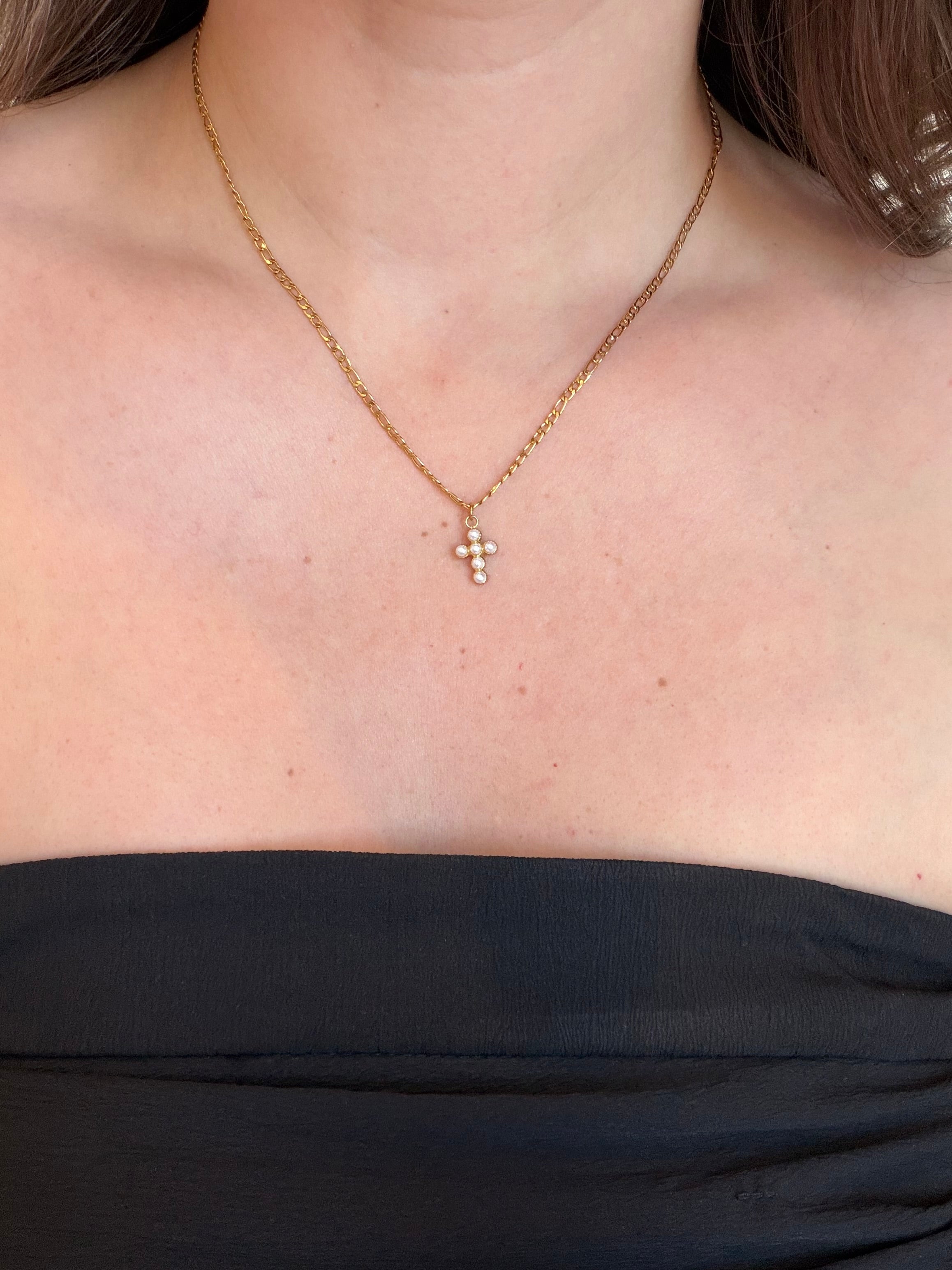 Dainty Pearl Cross Necklace