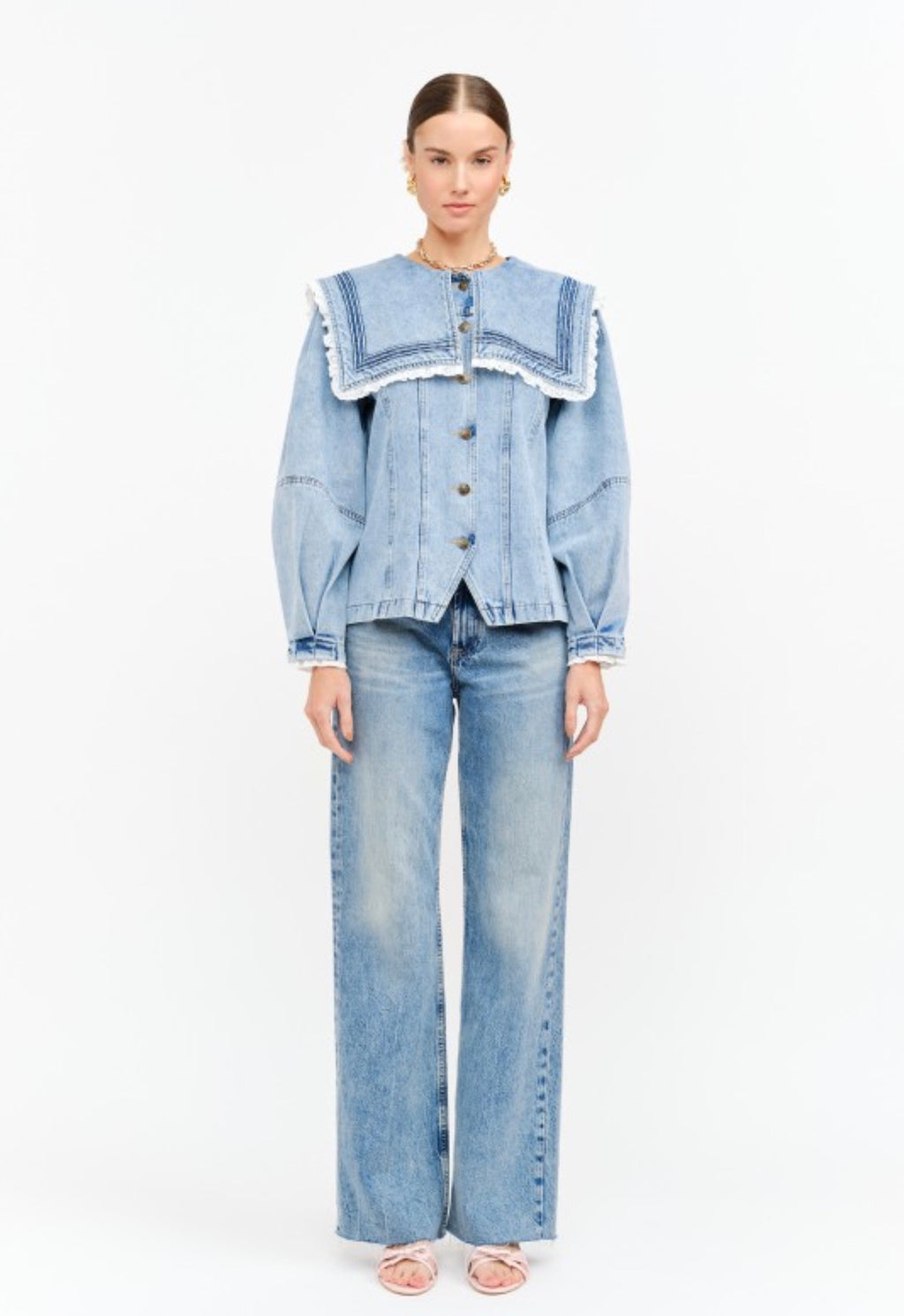 Penny Oversized Collar Lace Trim Denim Jacket