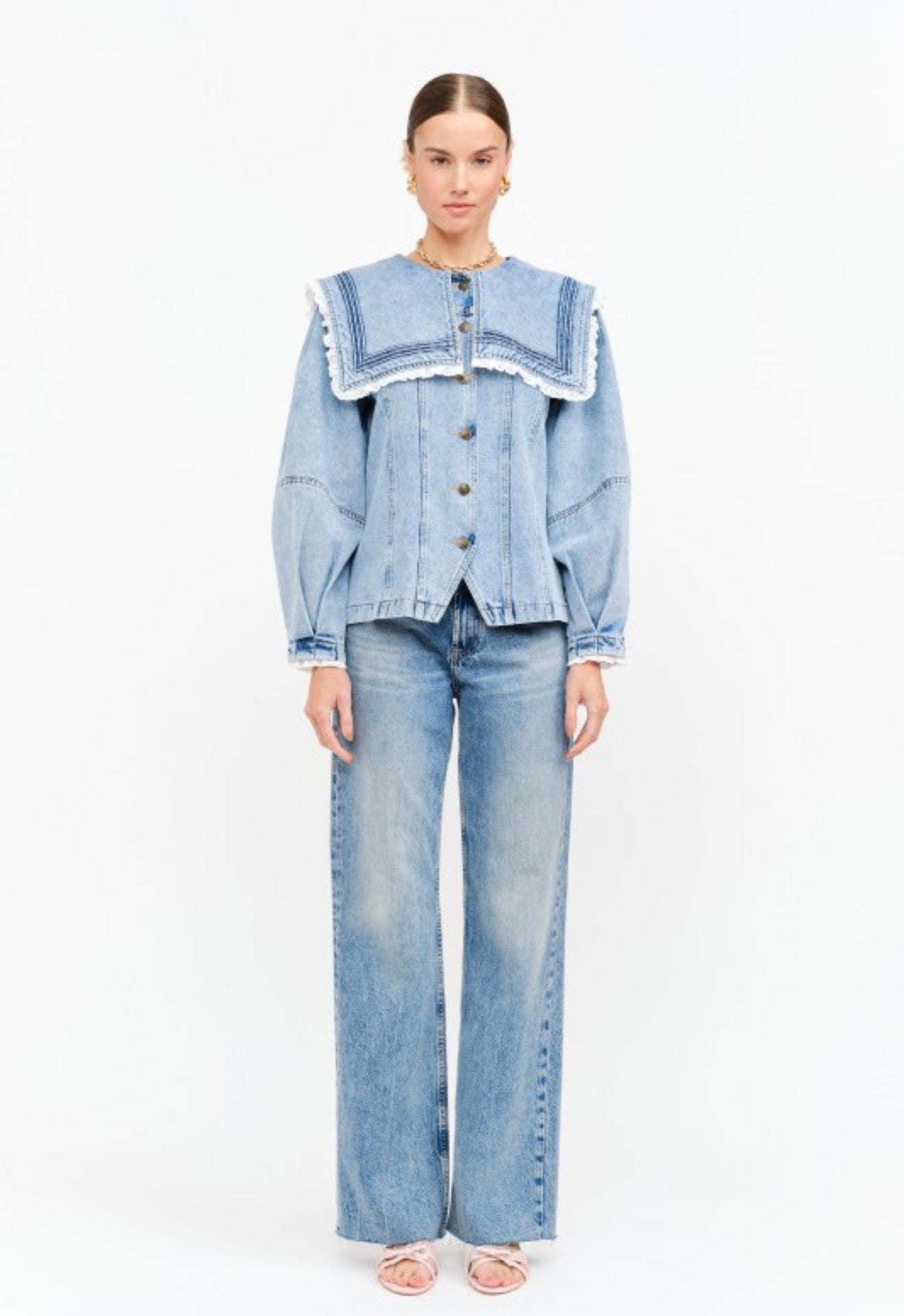 Penny Oversized Collar Lace Trim Denim Jacket
