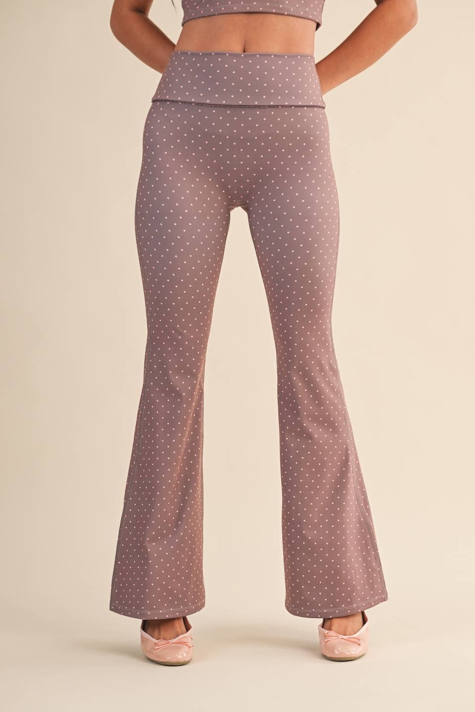 Polka Dot Print High Waist Flare Pants with Lace Trim