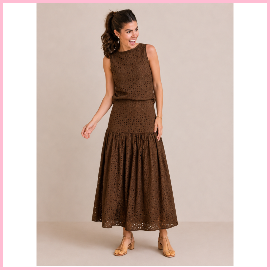 Olive Drop Waist Skirt - Chocolate Eyelet