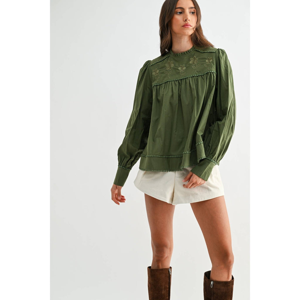 Anniston Embroidered Olive Puff Sleeve Blouse