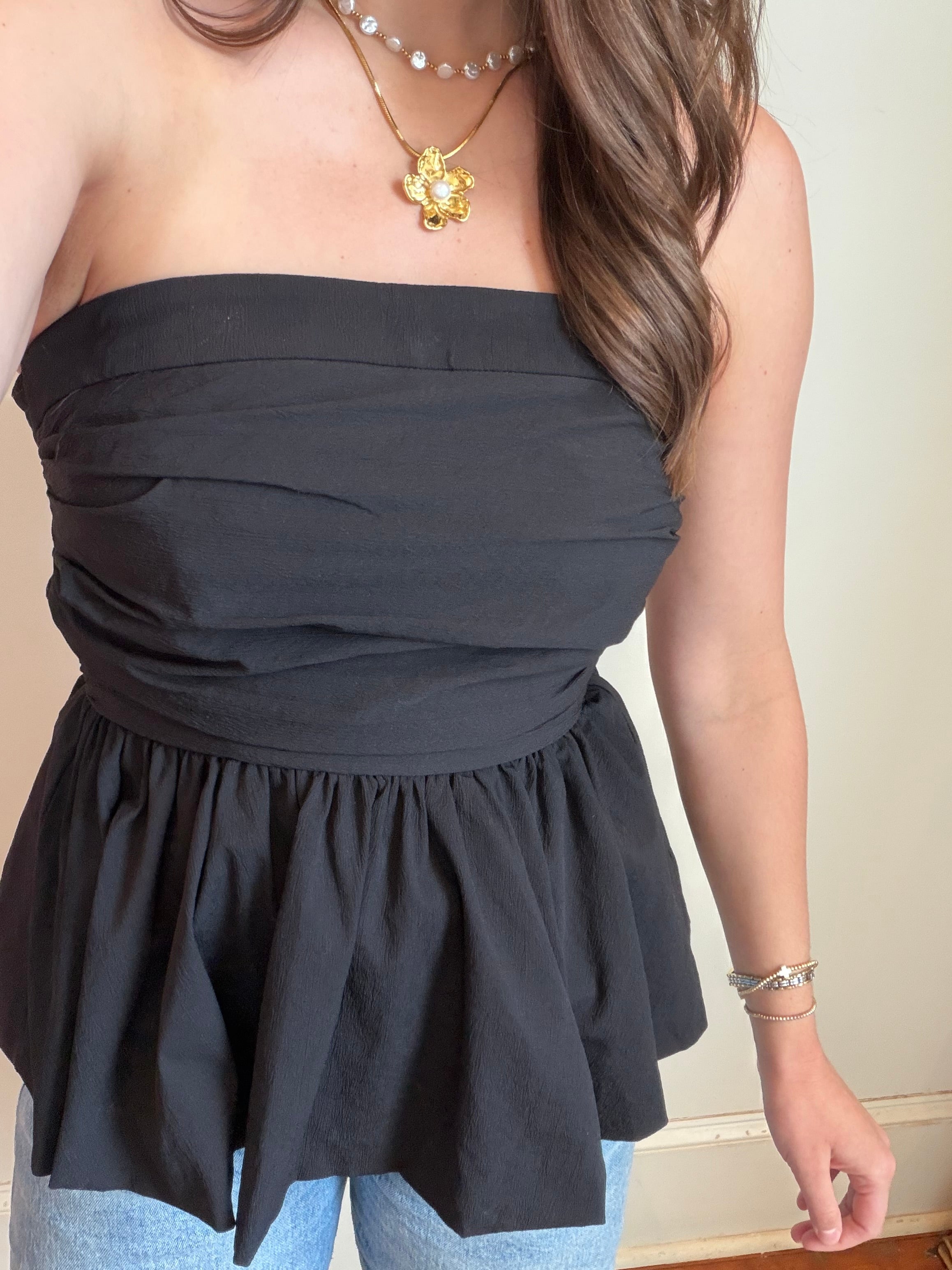Gabi Black Peplum Strapless Top