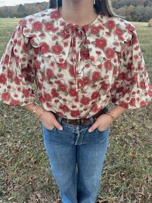 Juliette Scalloped Color Floral Long Sleeve Blouse