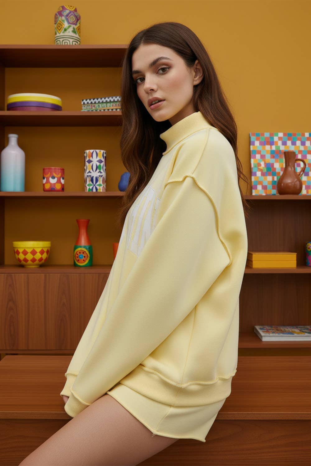 Yellow MOTHER Embroidered Mock Neck Sweatshirt