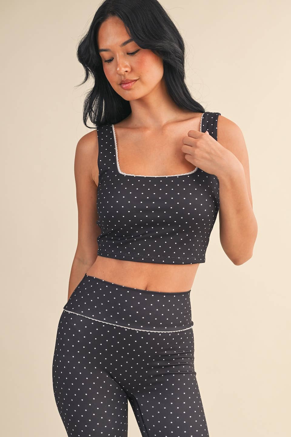 Polka Dot Print Crop Tank with Lace Trim