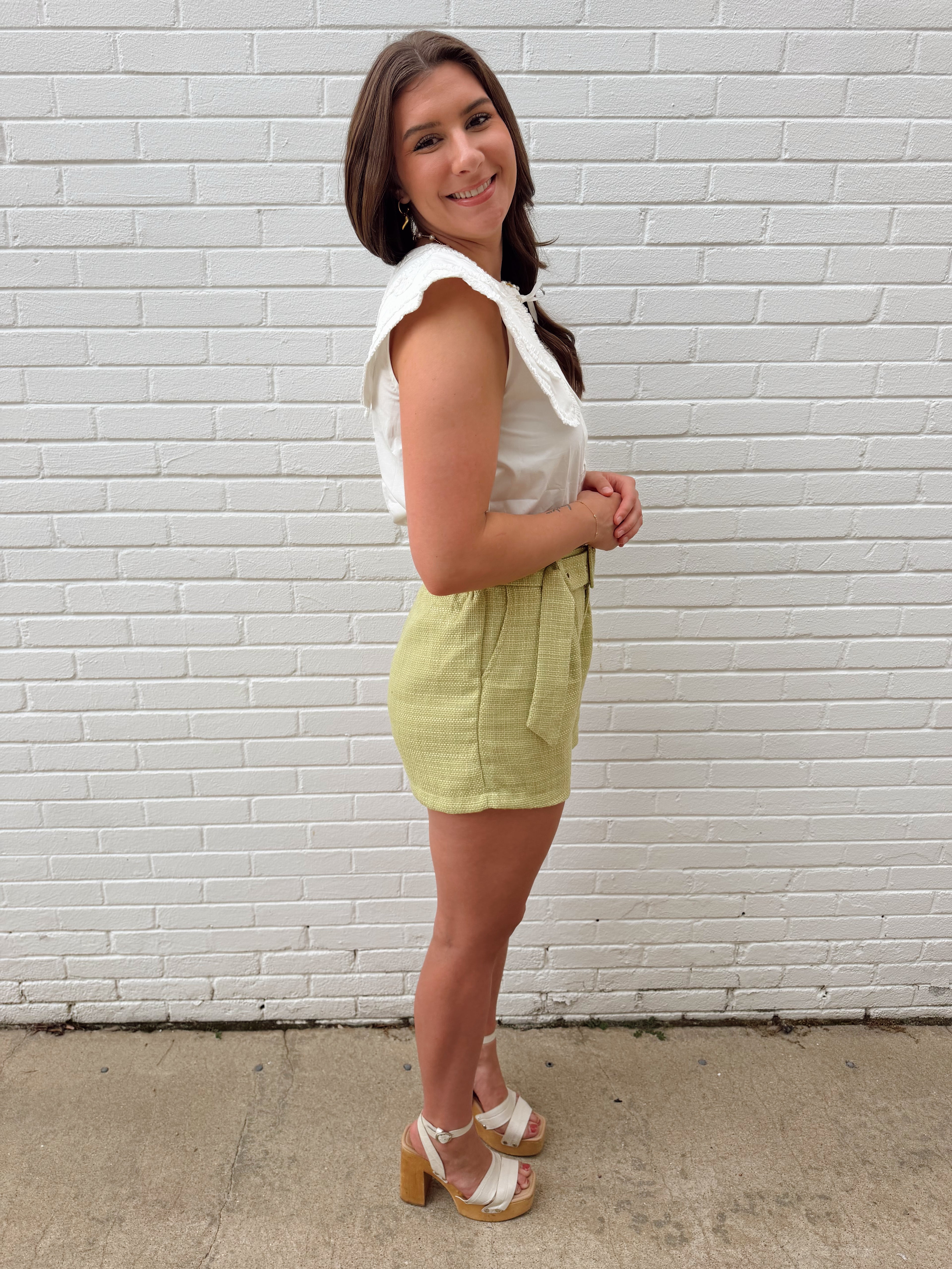 Carissa Chartreuse High Rise Belted Wide Leg Tweed Shorts