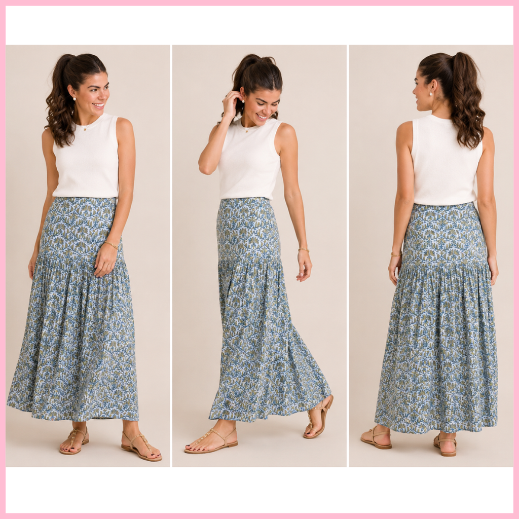 Olive Drop Waist Skirt - Floral Block Print