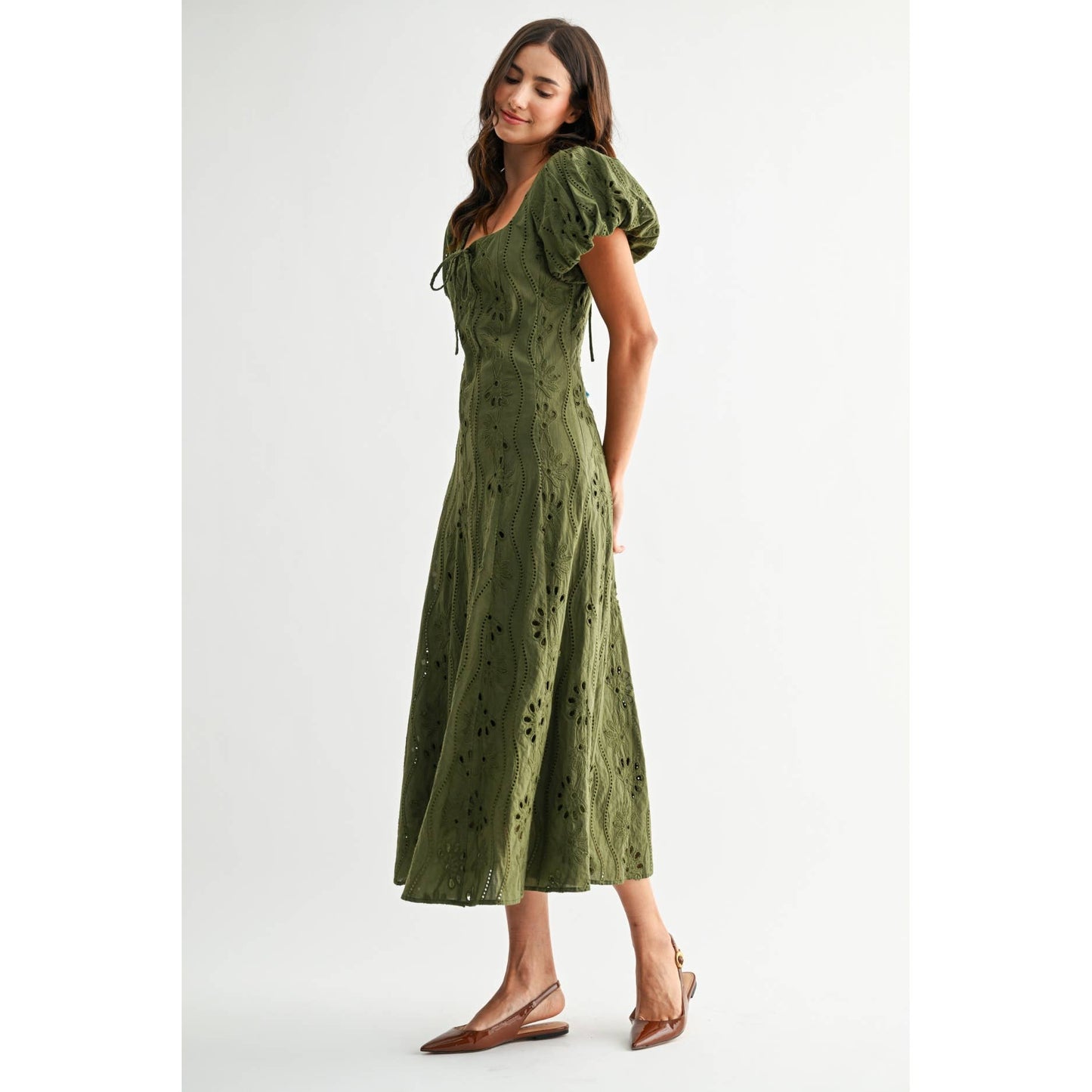Willow Olive Green Puff Sleeve Embroidered Midi Dress