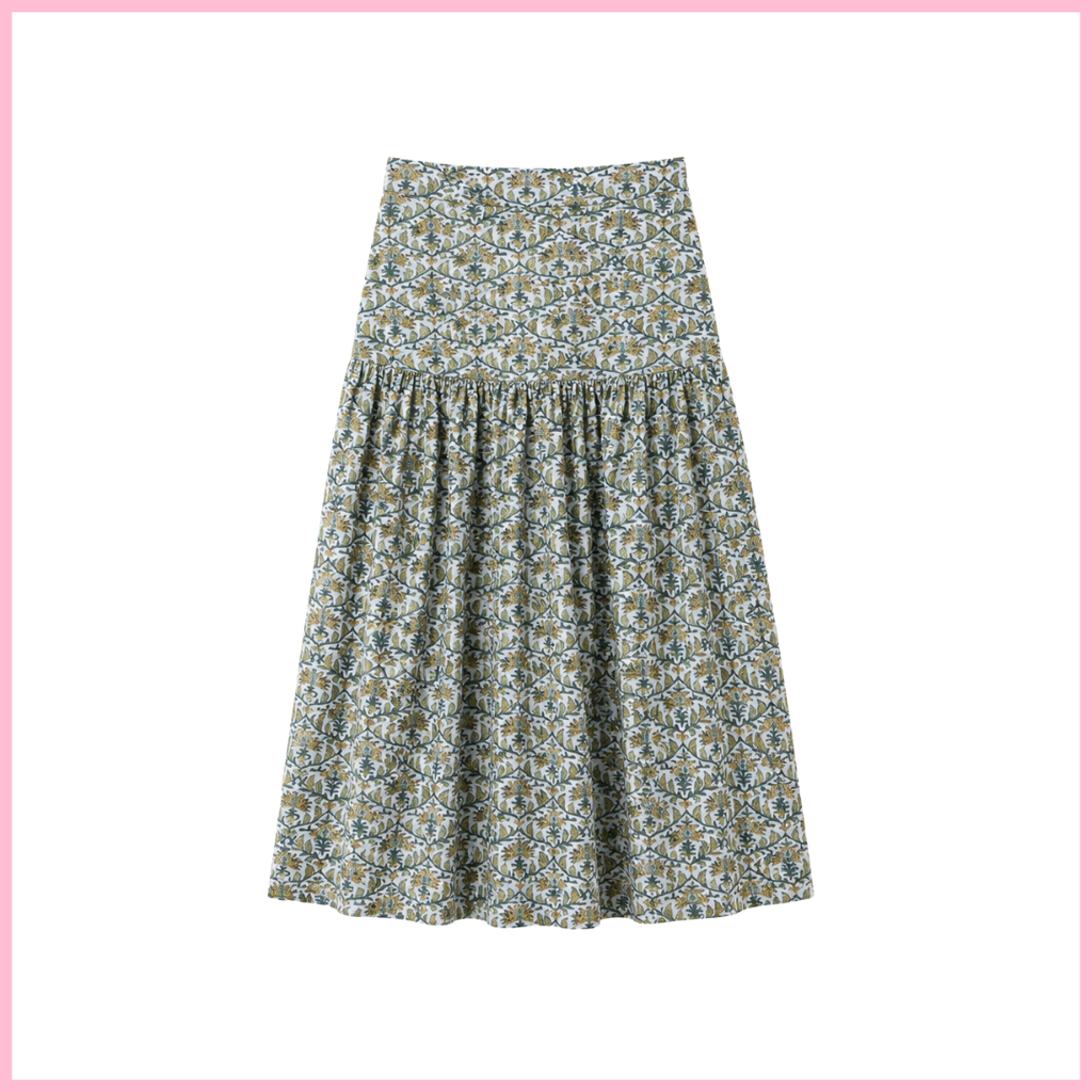 Olive Drop Waist Skirt - Floral Block Print