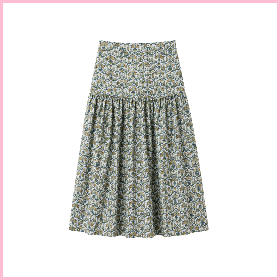 Olive Drop Waist Skirt - Floral Block Print